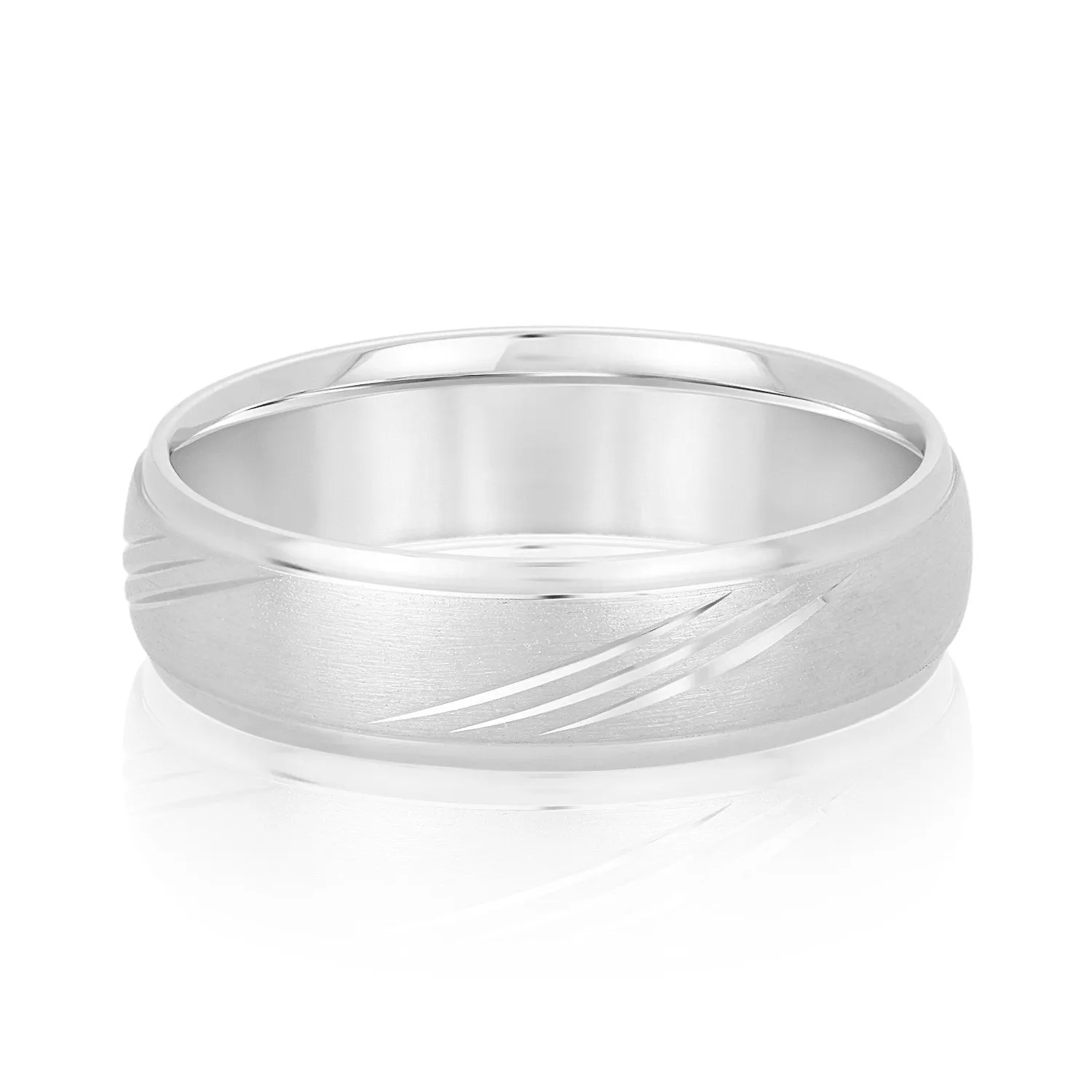 14K White Gold Men's 6MM Domed Wedding Ring With Brushed Finish And Engraving Details