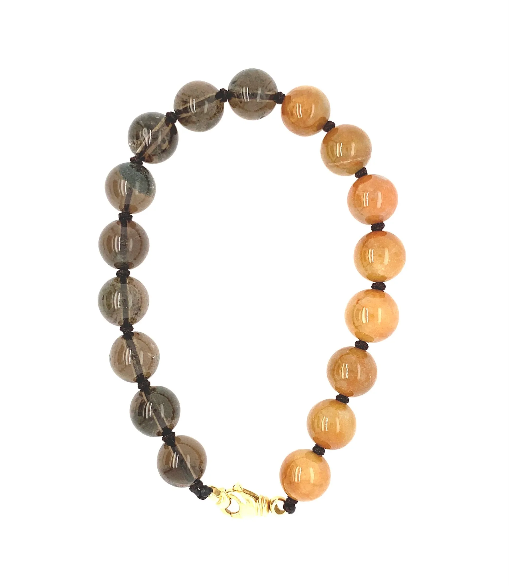 14kt YG Burmese Red Jadeite Paired w/ Smoky Topaz Yin & Yang Men's Silk Bracelet