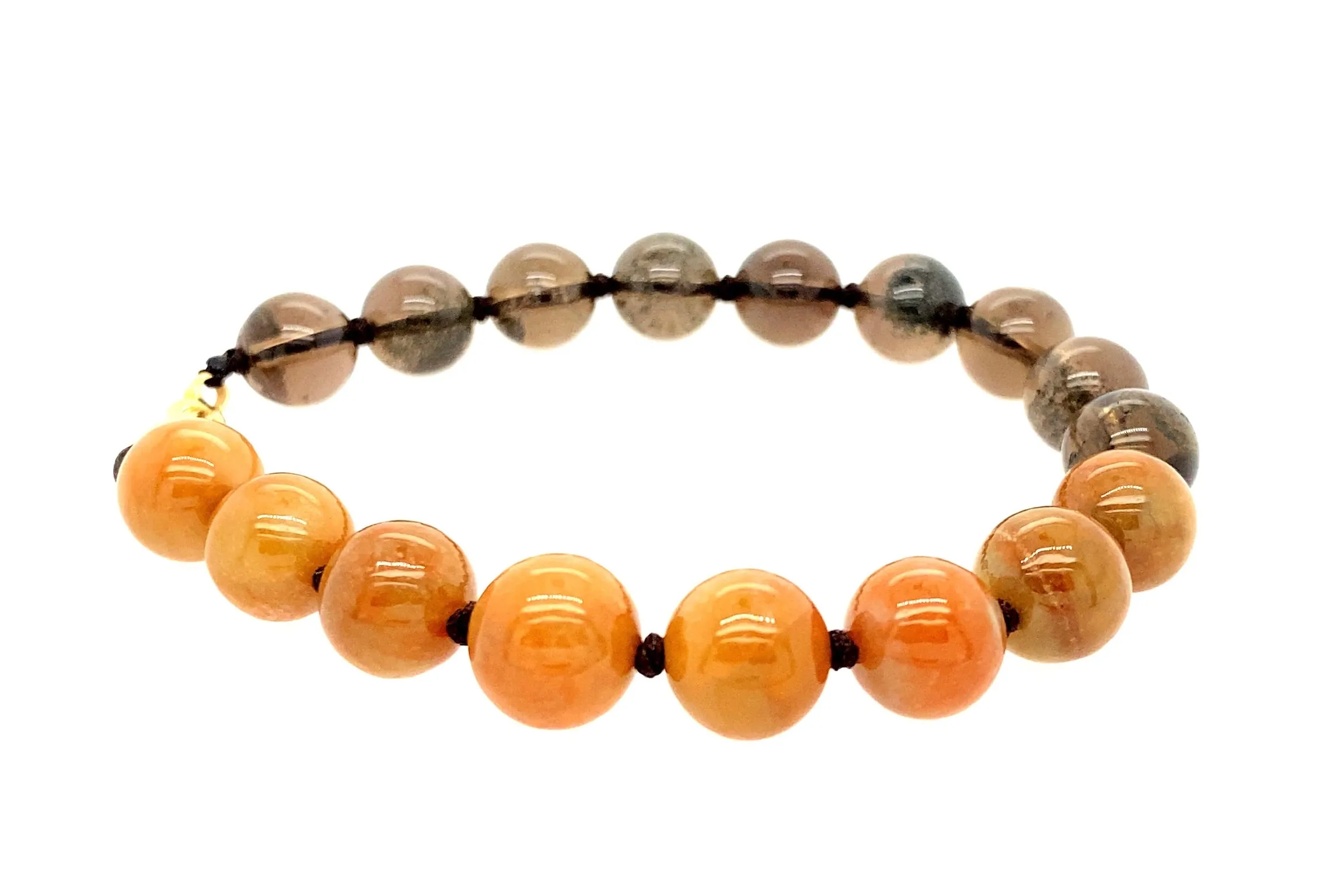 14kt YG Burmese Red Jadeite Paired w/ Smoky Topaz Yin & Yang Men's Silk Bracelet
