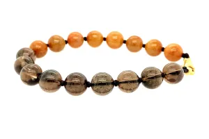14kt YG Burmese Red Jadeite Paired w/ Smoky Topaz Yin & Yang Men's Silk Bracelet
