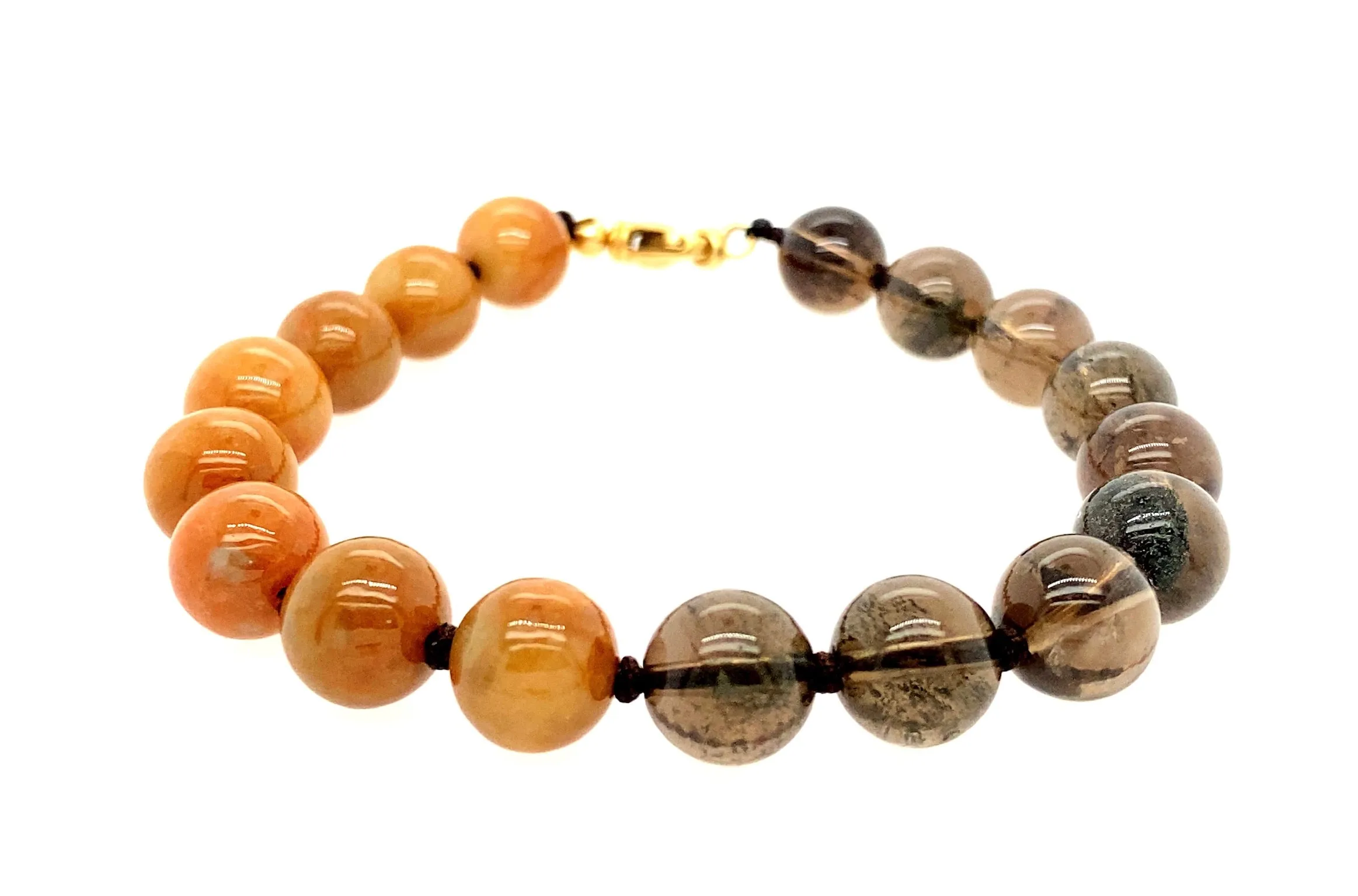 14kt YG Burmese Red Jadeite Paired w/ Smoky Topaz Yin & Yang Men's Silk Bracelet