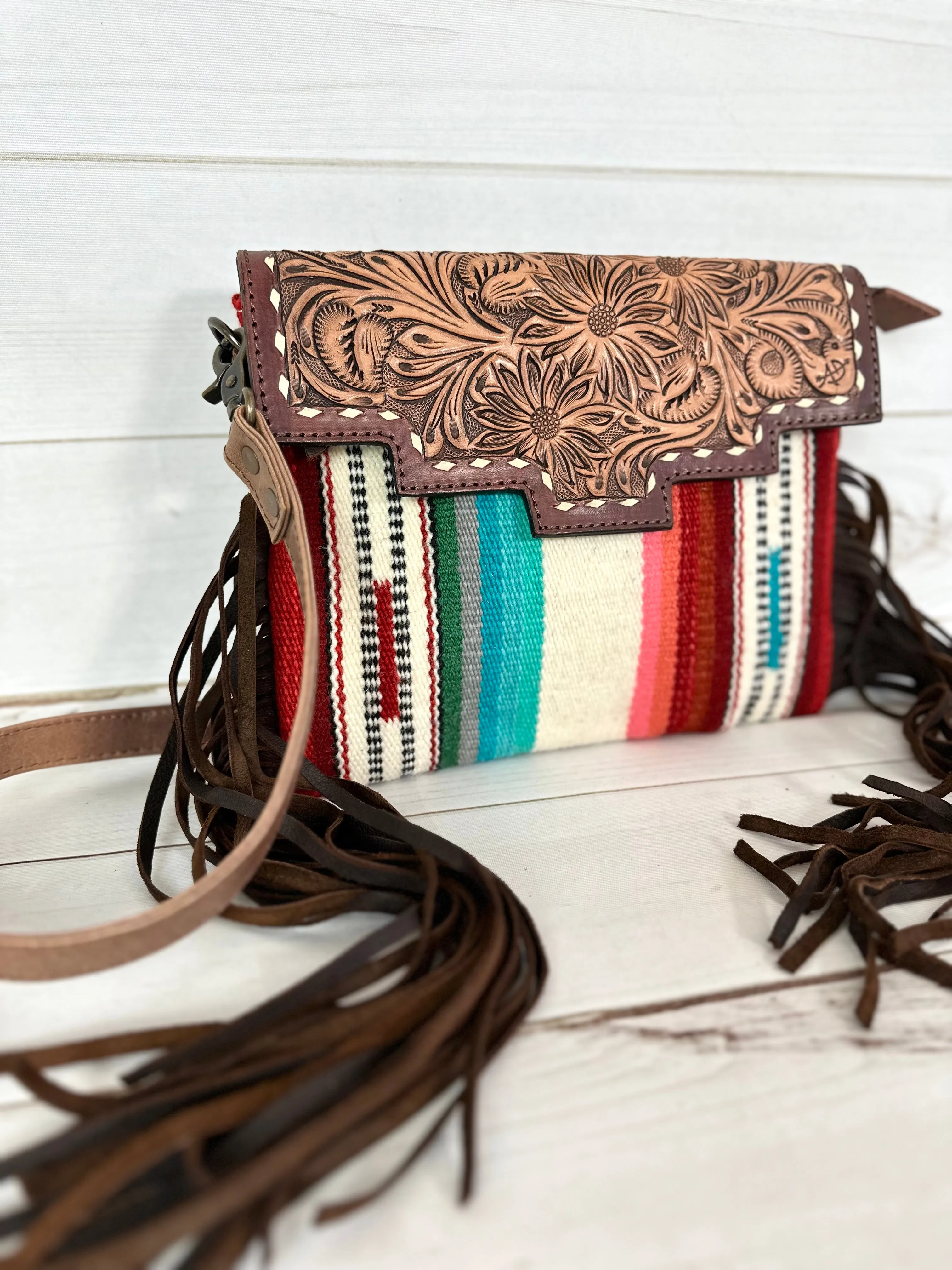 Ajo Serape Pattern & Floral Tooled Leather Western Fringe Bag