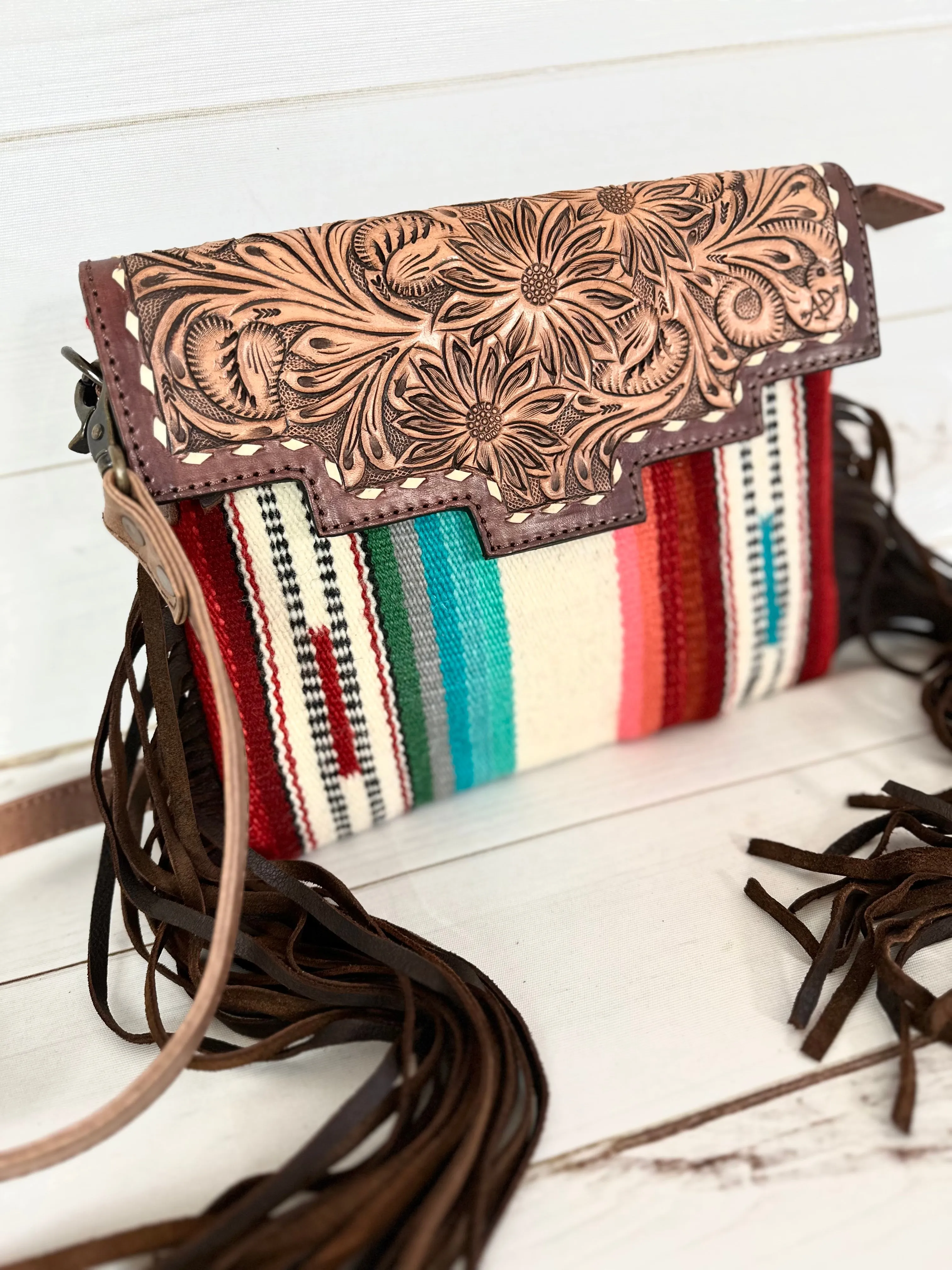 Ajo Serape Pattern & Floral Tooled Leather Western Fringe Bag
