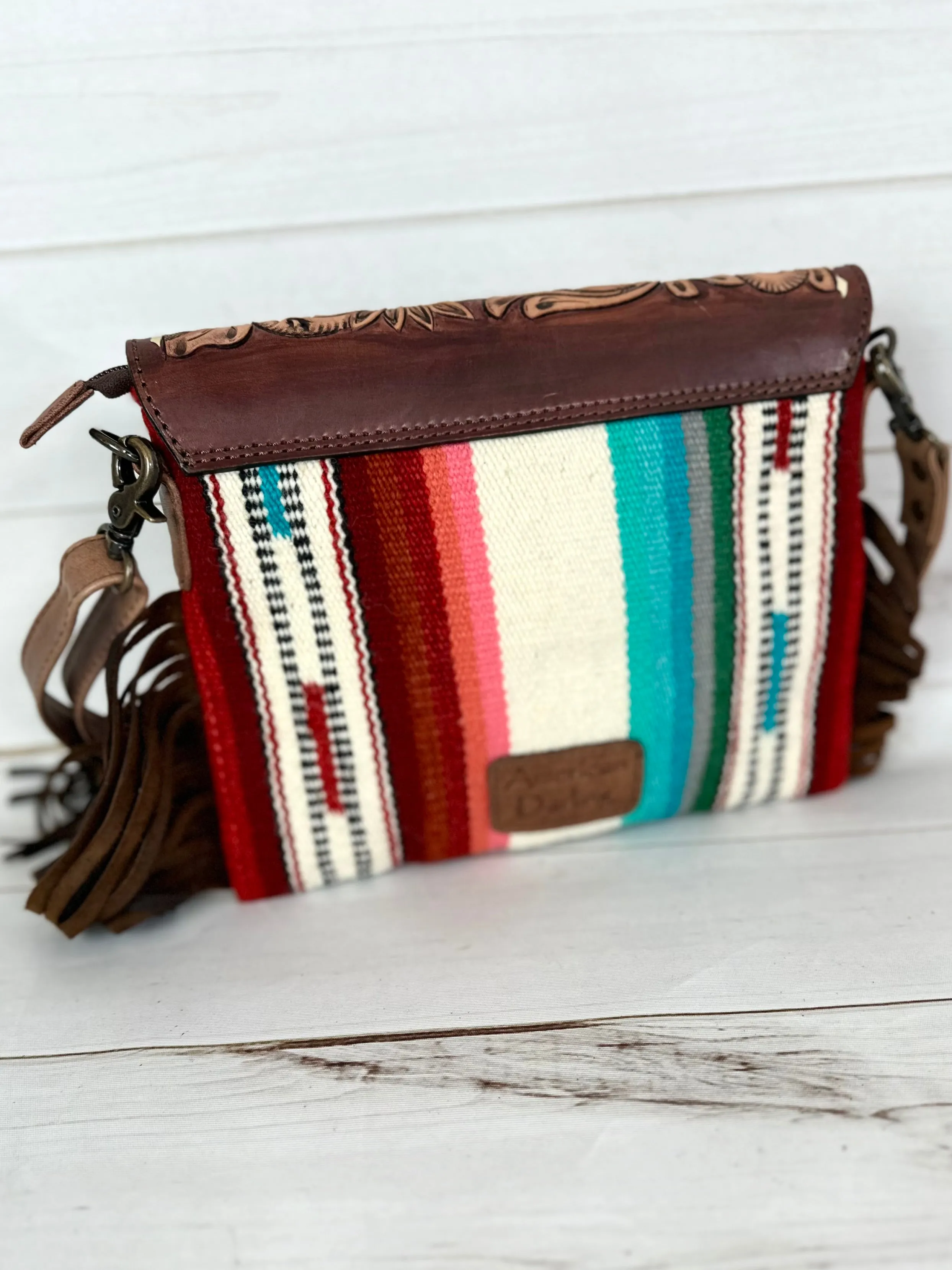 Ajo Serape Pattern & Floral Tooled Leather Western Fringe Bag