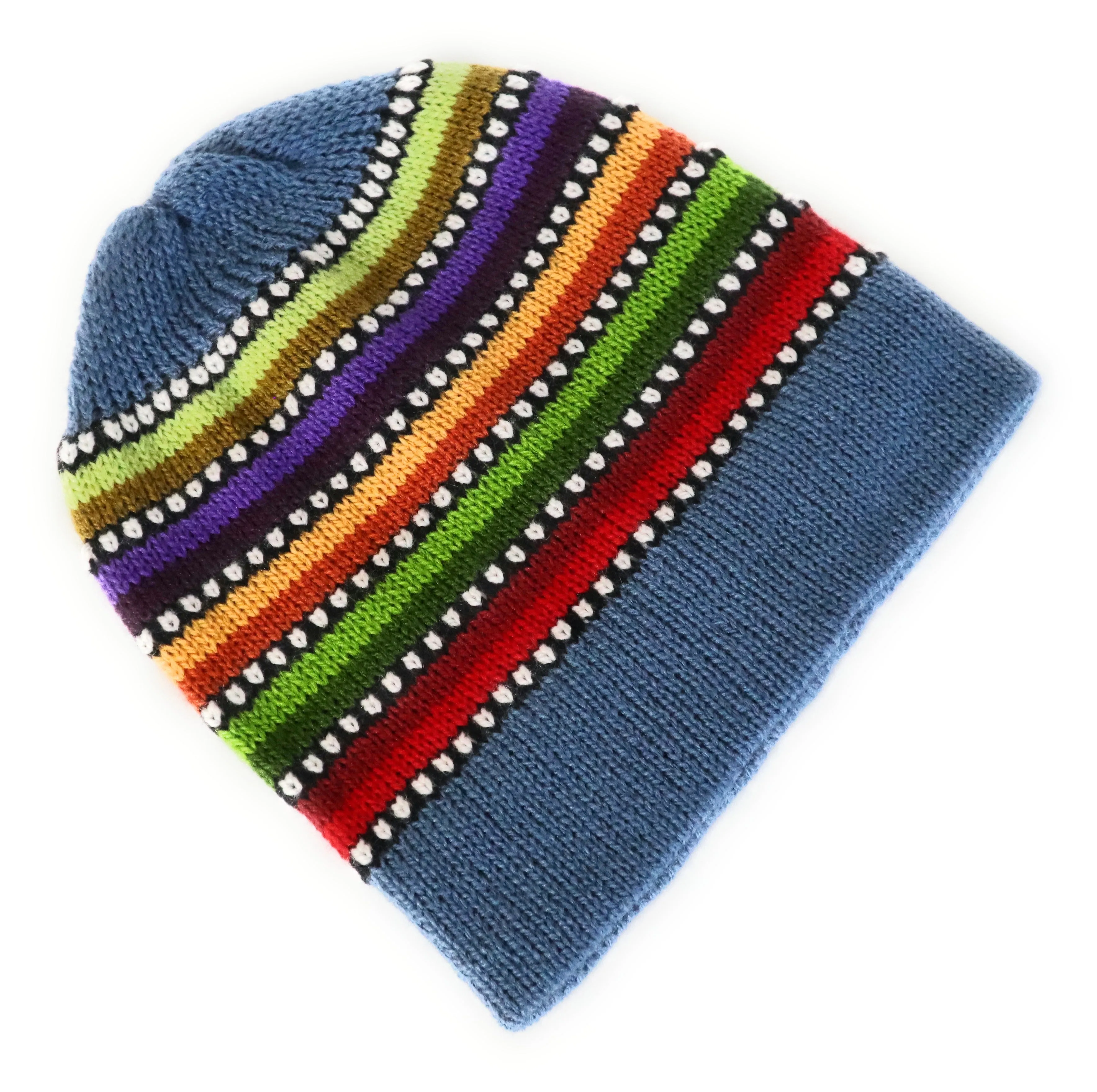 Alpaca Wool Beanie Hat Multicolor Small Dots Steel Blue Color Medium Unisex