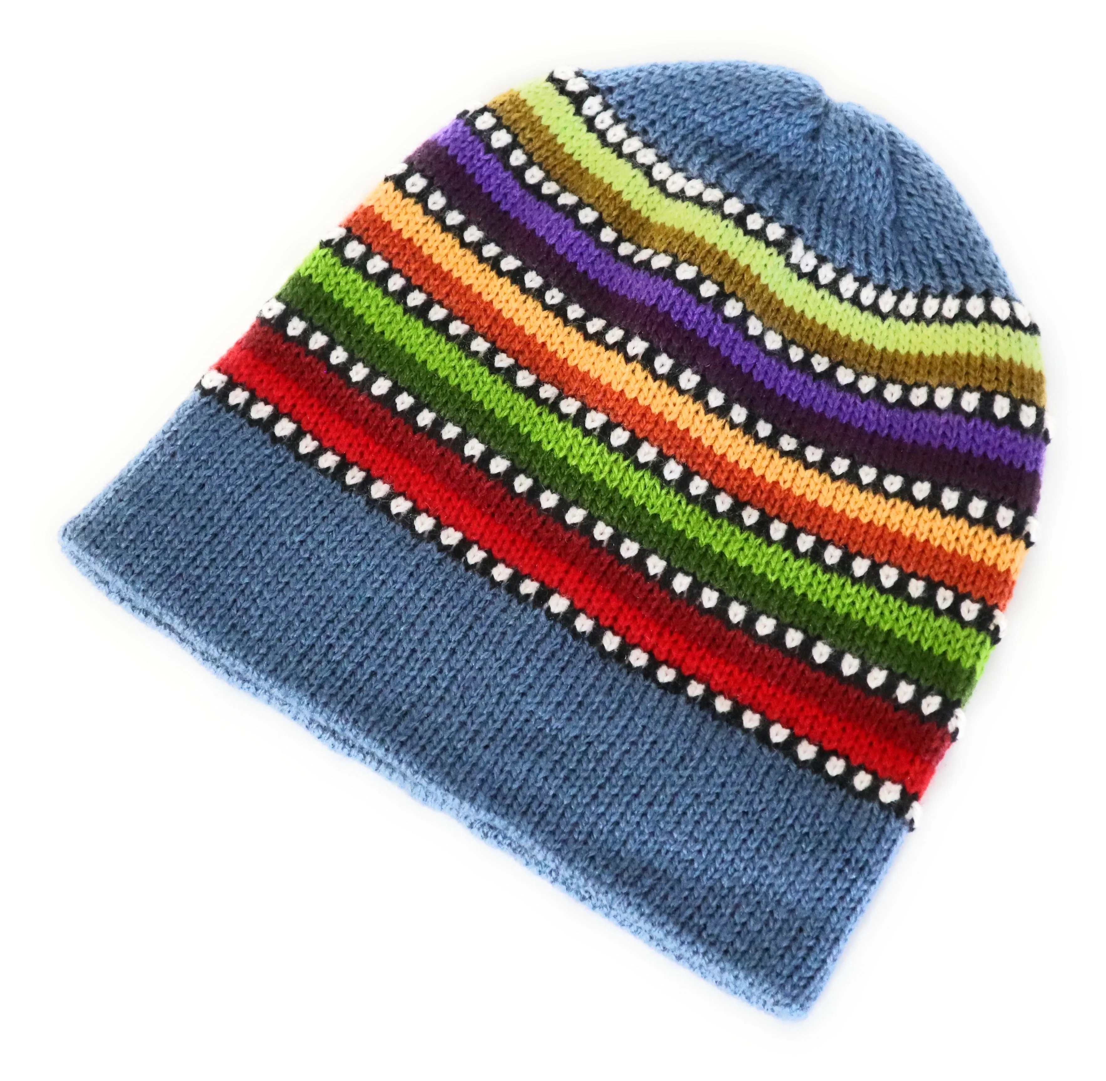 Alpaca Wool Beanie Hat Multicolor Small Dots Steel Blue Color Medium Unisex