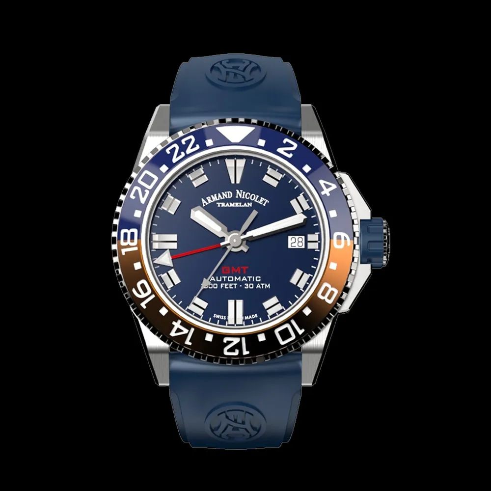 ARMAND NICOLET JS9-41 MEN'S AUTOMATIC BLACK STRAP BLUE DIAL WATCH