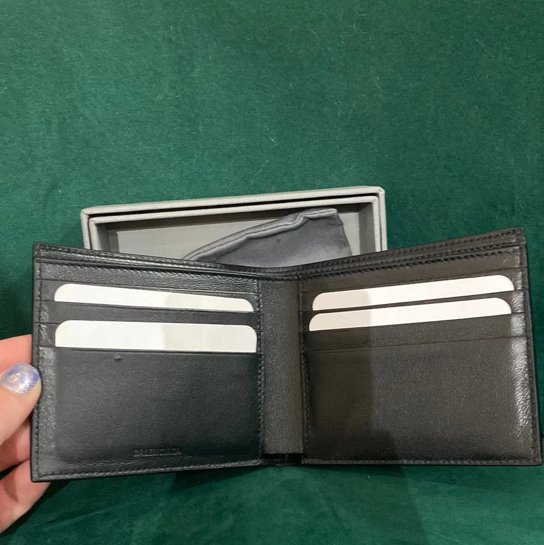 Balenciaga Black Leather folded Wallet with White letter