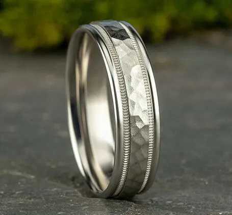 Benchmark 14K White Gold 6mm Hammered Center Men's Wedding Band CF15630914KW