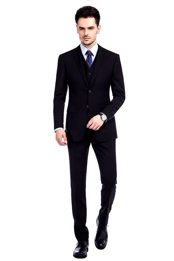Bespoke Solid Black Three Piece Suits for Men