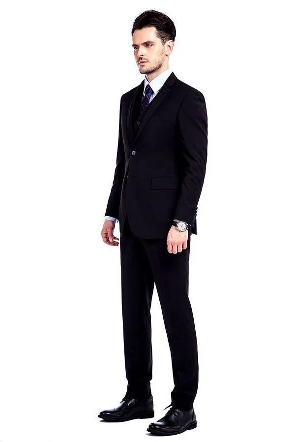 Bespoke Solid Black Three Piece Suits for Men