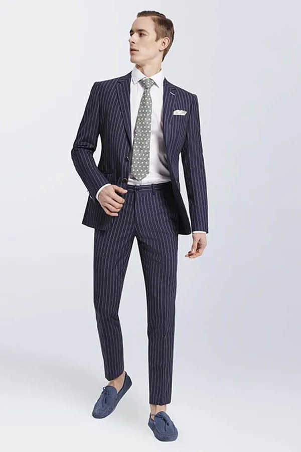 Bespoke Stripes Navy Marriage Suits Narrow Notch Lapel Leisure Suits for Men