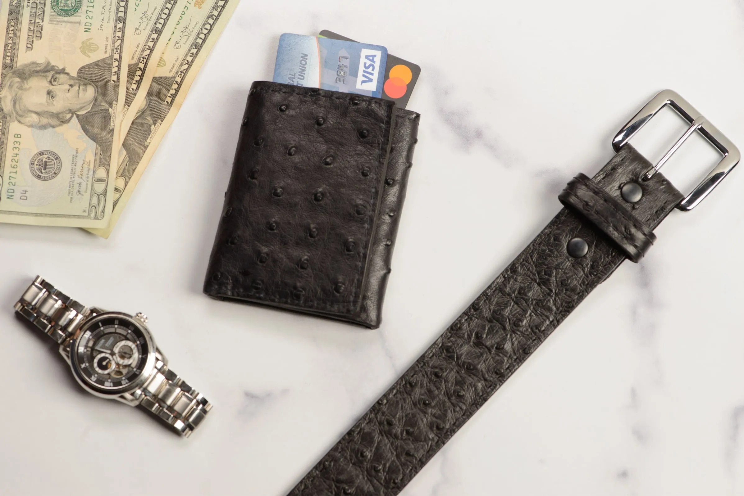 Black Ostrich Trifold Wallet