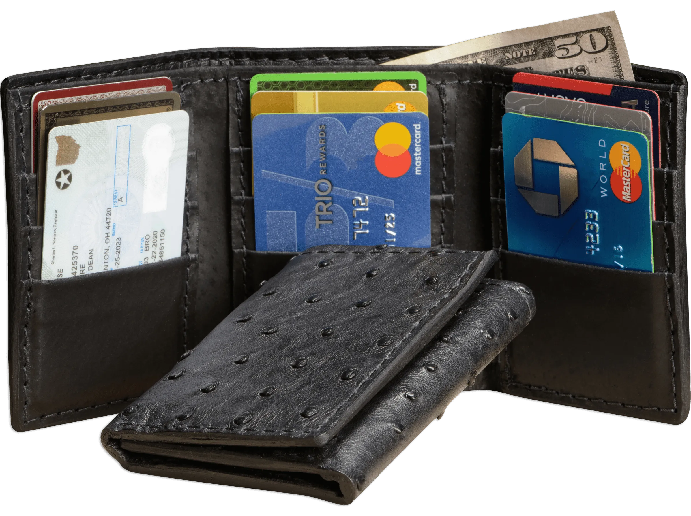 Black Ostrich Trifold Wallet