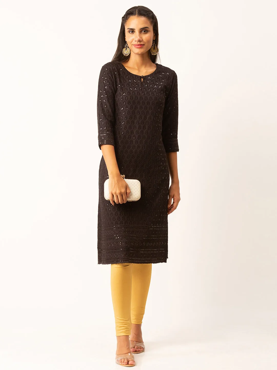 Black Rayon Keyhole Neck 3/4th Sleeves Chikankari Embroidery Ethnic Wear Kurta For Women - ZOLA