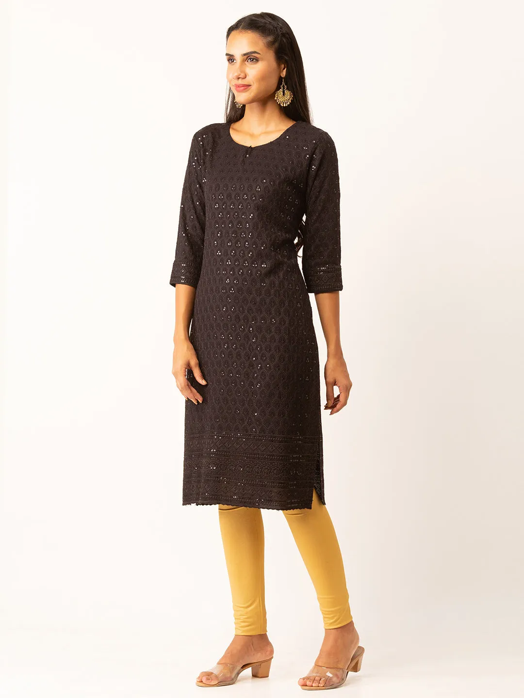 Black Rayon Keyhole Neck 3/4th Sleeves Chikankari Embroidery Ethnic Wear Kurta For Women - ZOLA