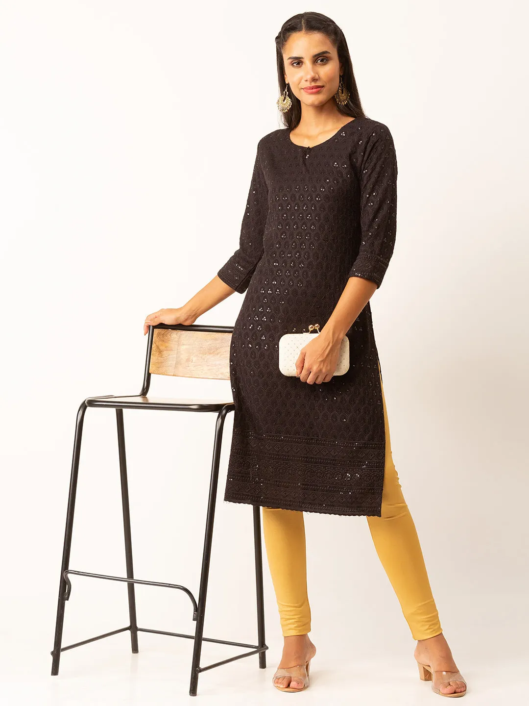 Black Rayon Keyhole Neck 3/4th Sleeves Chikankari Embroidery Ethnic Wear Kurta For Women - ZOLA