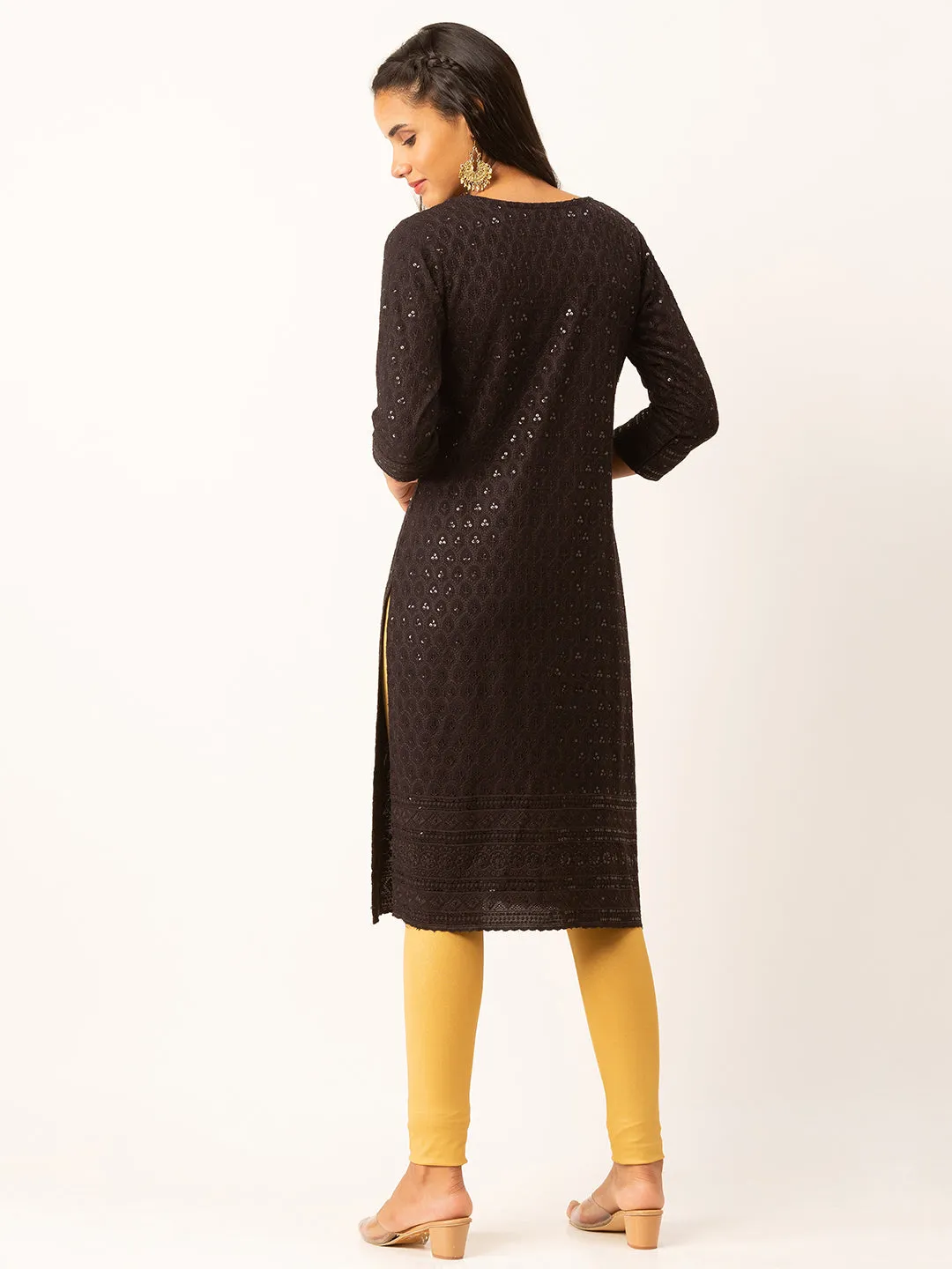 Black Rayon Keyhole Neck 3/4th Sleeves Chikankari Embroidery Ethnic Wear Kurta For Women - ZOLA