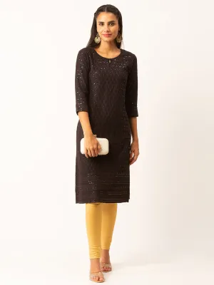 Black Rayon Keyhole Neck 3/4th Sleeves Chikankari Embroidery Ethnic Wear Kurta For Women - ZOLA
