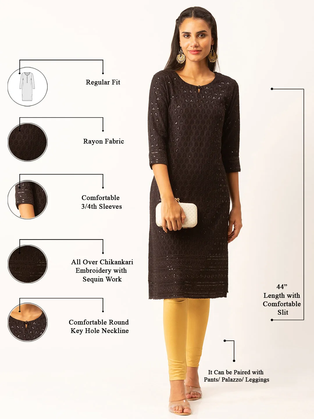 Black Rayon Keyhole Neck 3/4th Sleeves Chikankari Embroidery Ethnic Wear Kurta For Women - ZOLA