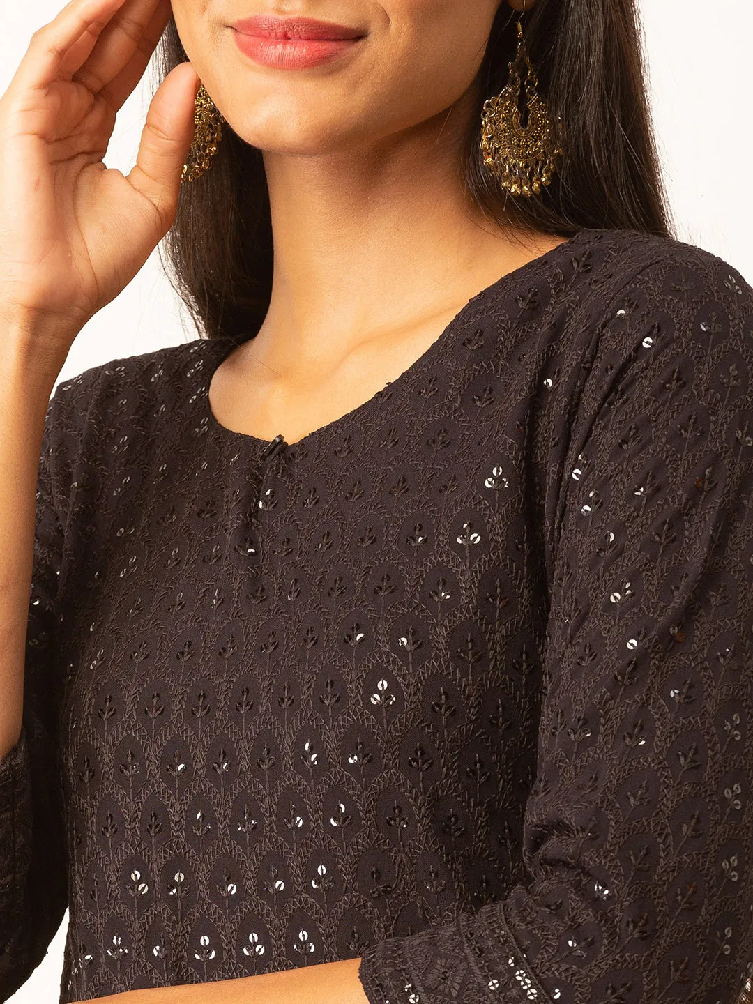 Black Rayon Keyhole Neck 3/4th Sleeves Chikankari Embroidery Ethnic Wear Kurta For Women - ZOLA