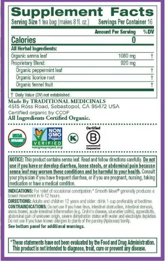 [Bundle Of 4] Traditional Medicinals Organic Smooth Move Peppermint Tea, 16 bags Exp: 02/27