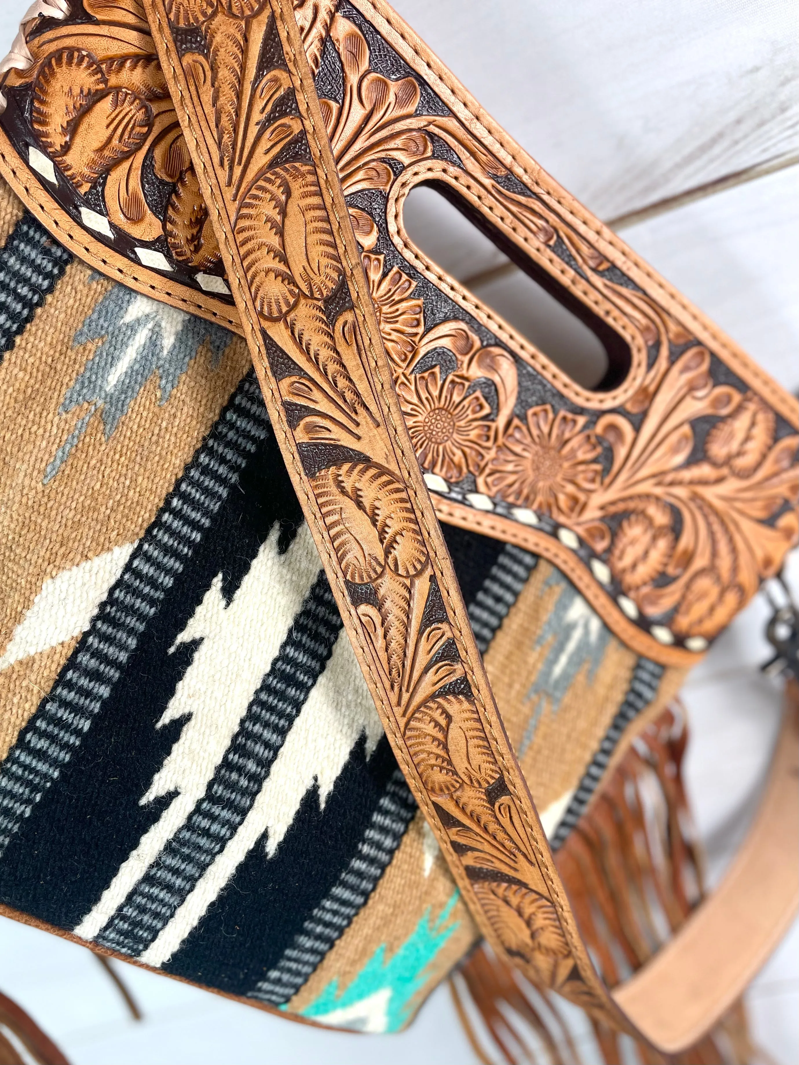 Campo Tan & Mint Pattern Wool Leather Handle Fringe Bag