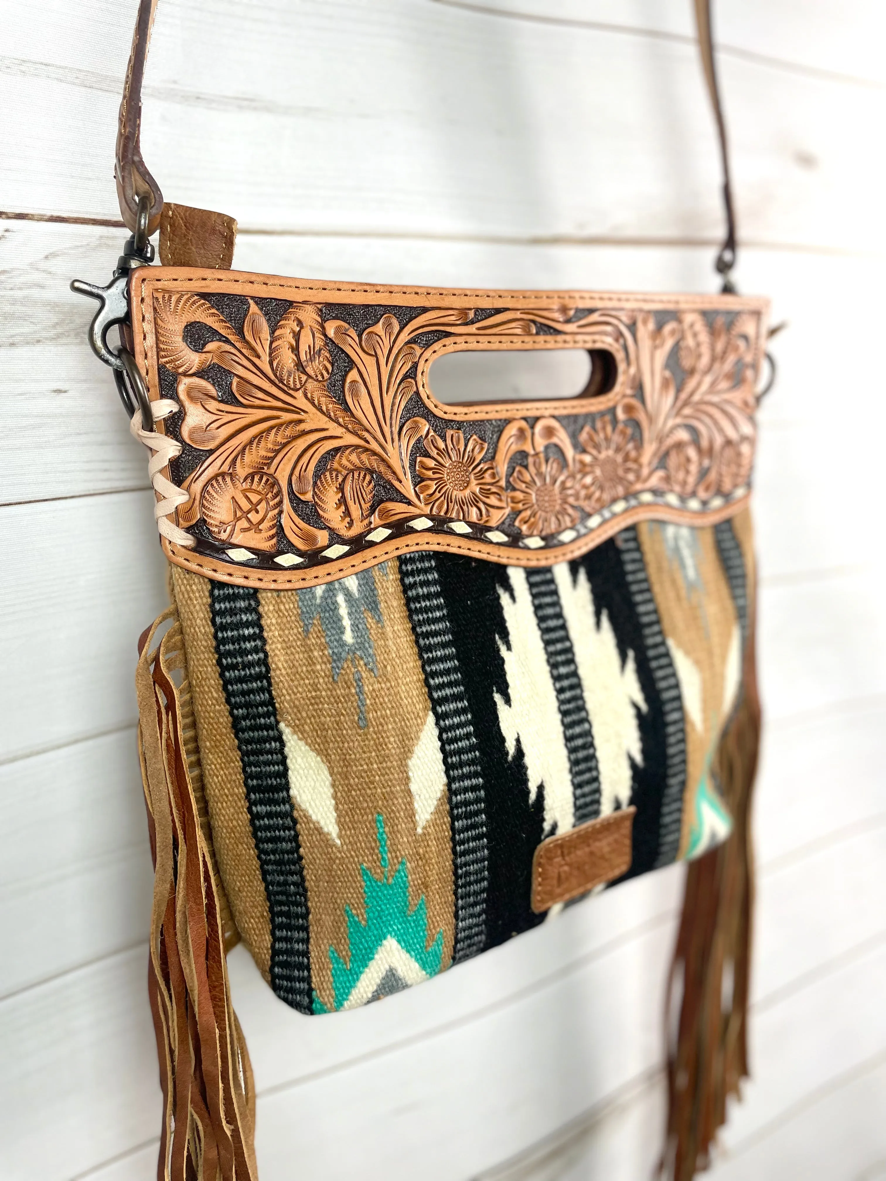 Campo Tan & Mint Pattern Wool Leather Handle Fringe Bag
