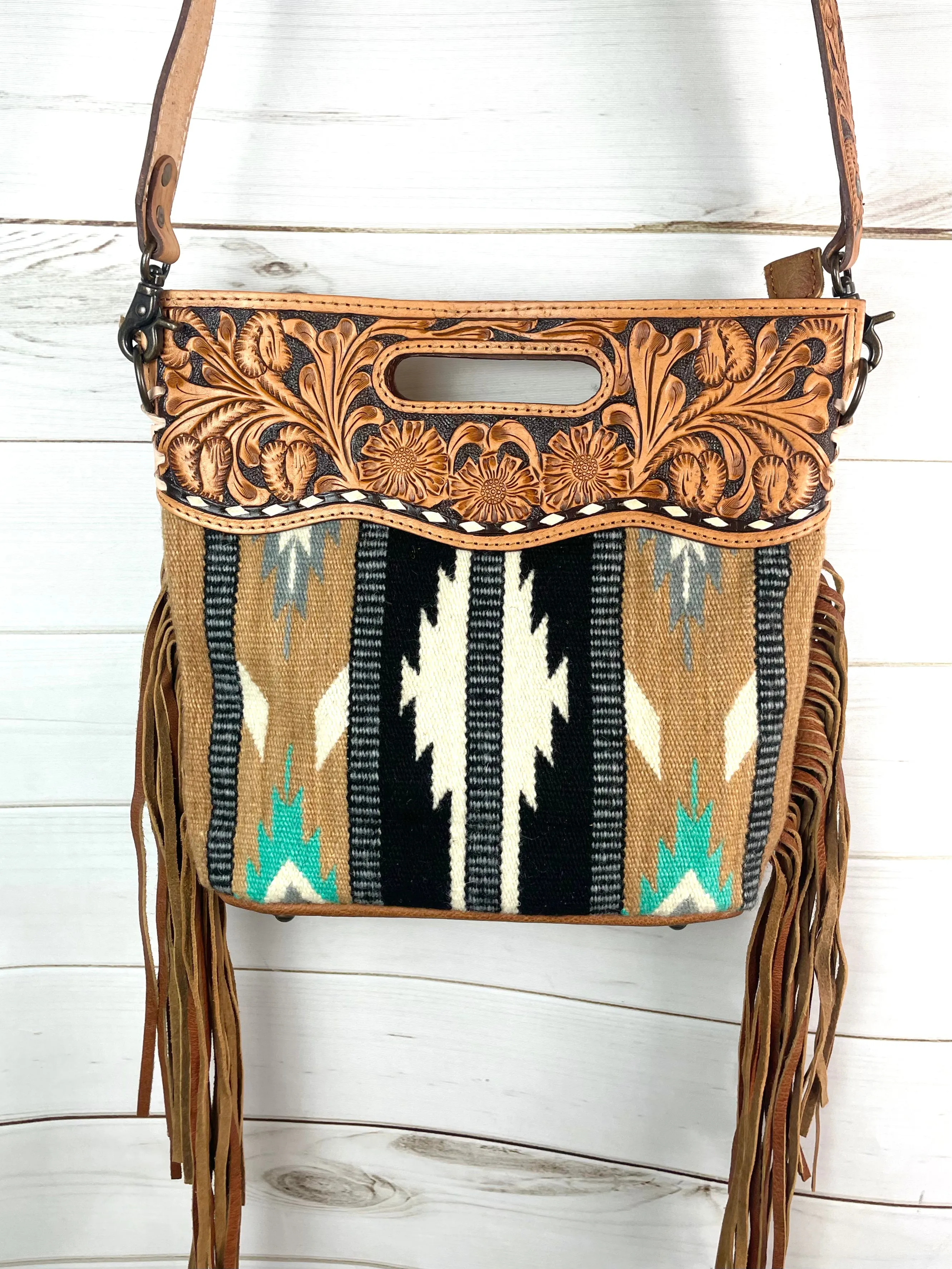 Campo Tan & Mint Pattern Wool Leather Handle Fringe Bag