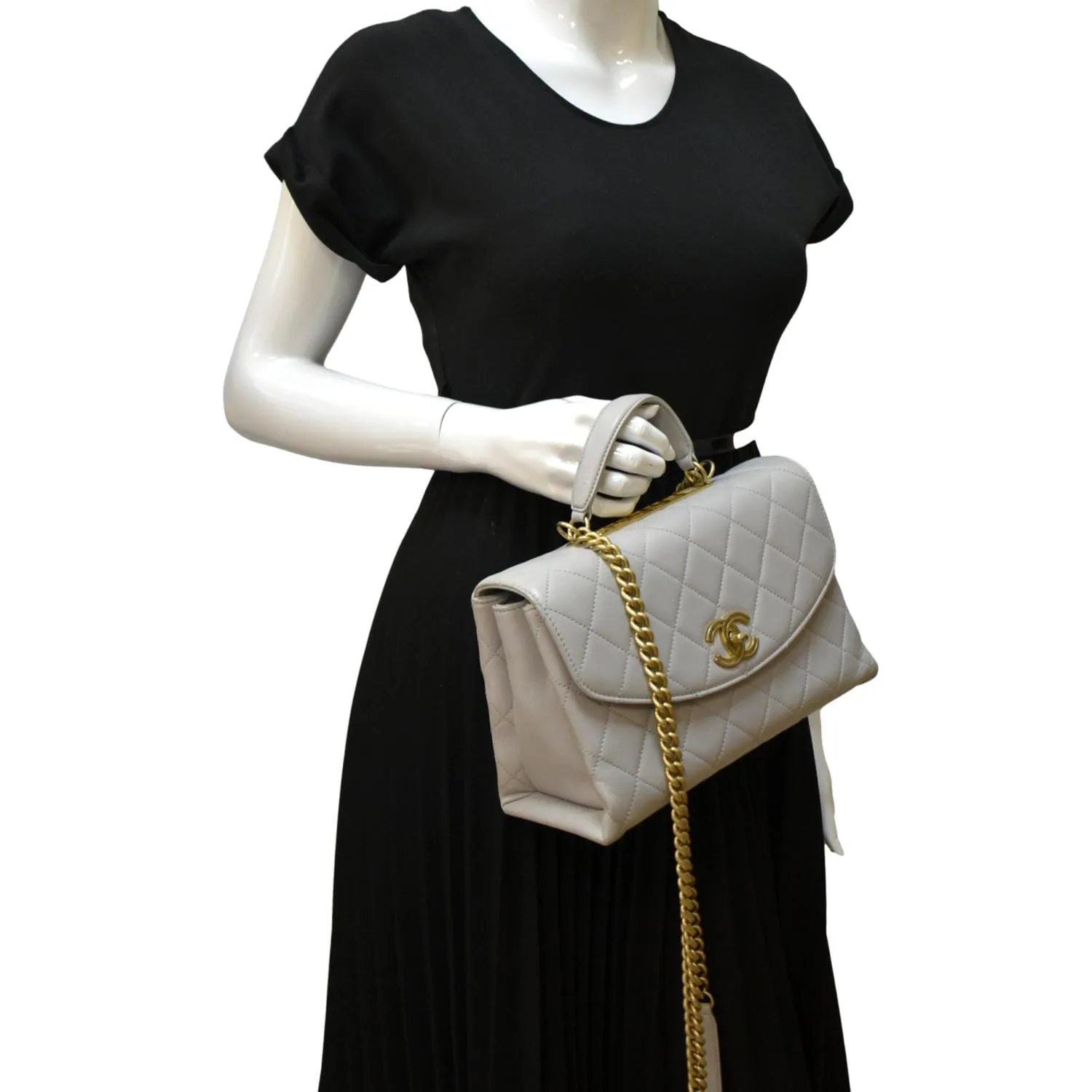 CHANEL Trendy Spirit Top Handle Quilted Leather Shoulder Bag Grey