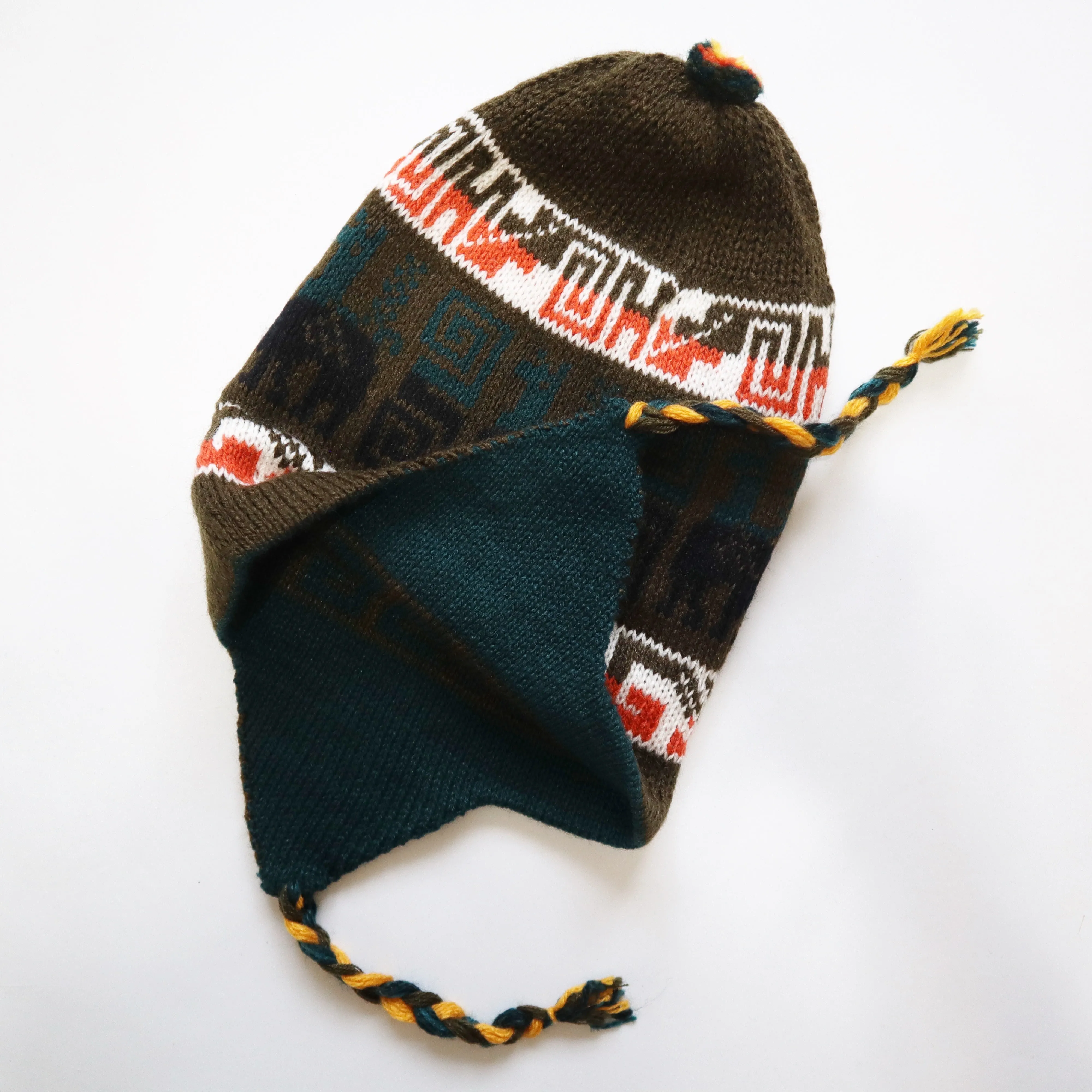 Chullo Alpaca Wool Blend Hat with Earflaps Reversible Green Olive Green Pine. Unisex