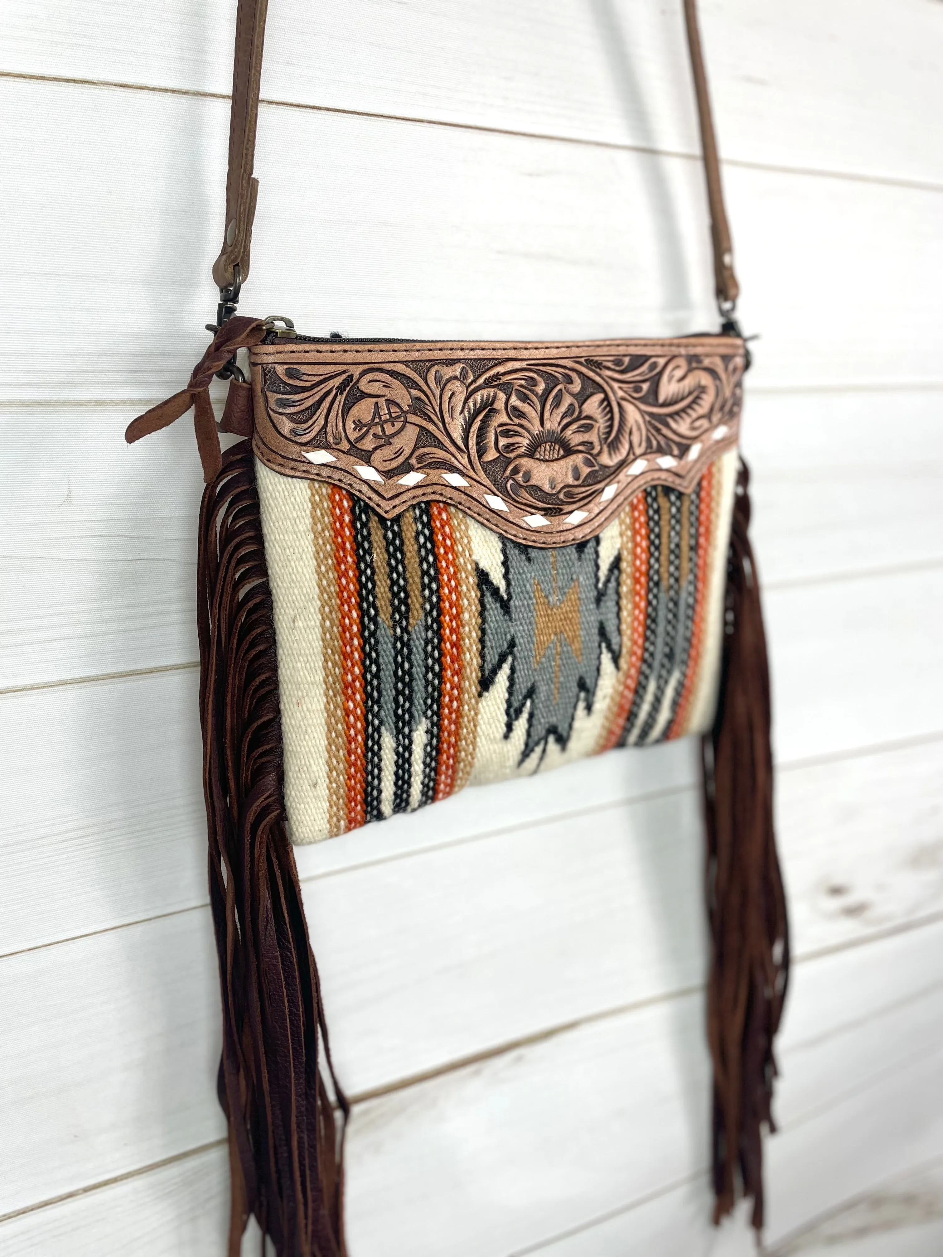 Churro Grey Orange Wool Pattern with Leather Tooled Fringe Bag