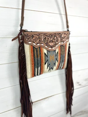 Churro Grey Orange Wool Pattern with Leather Tooled Fringe Bag
