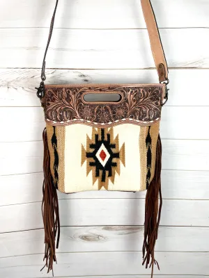 Churro Tan And Red Diamond Wool Leather Handle Fringe Bag