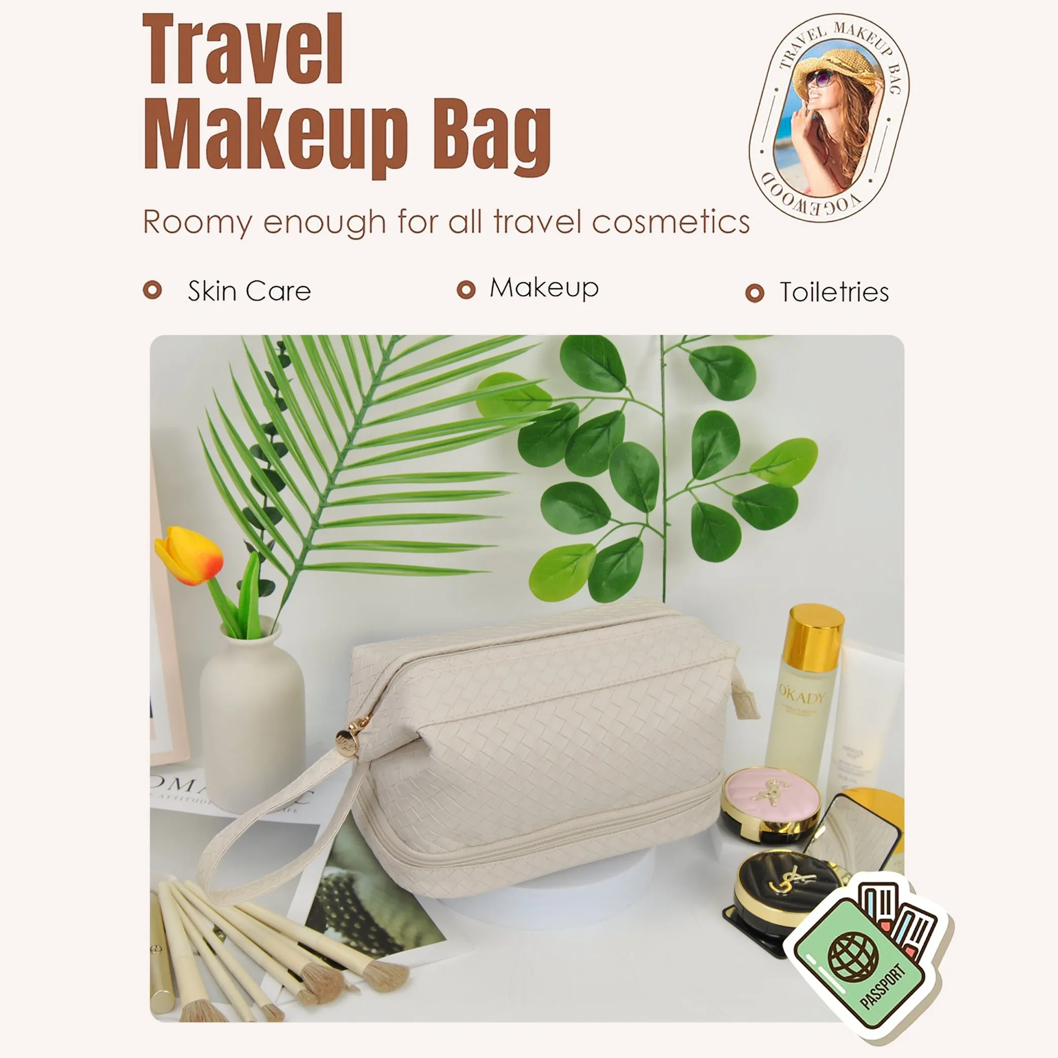 Cream Woven NGIL Faux Leather Cosmetic Bag
