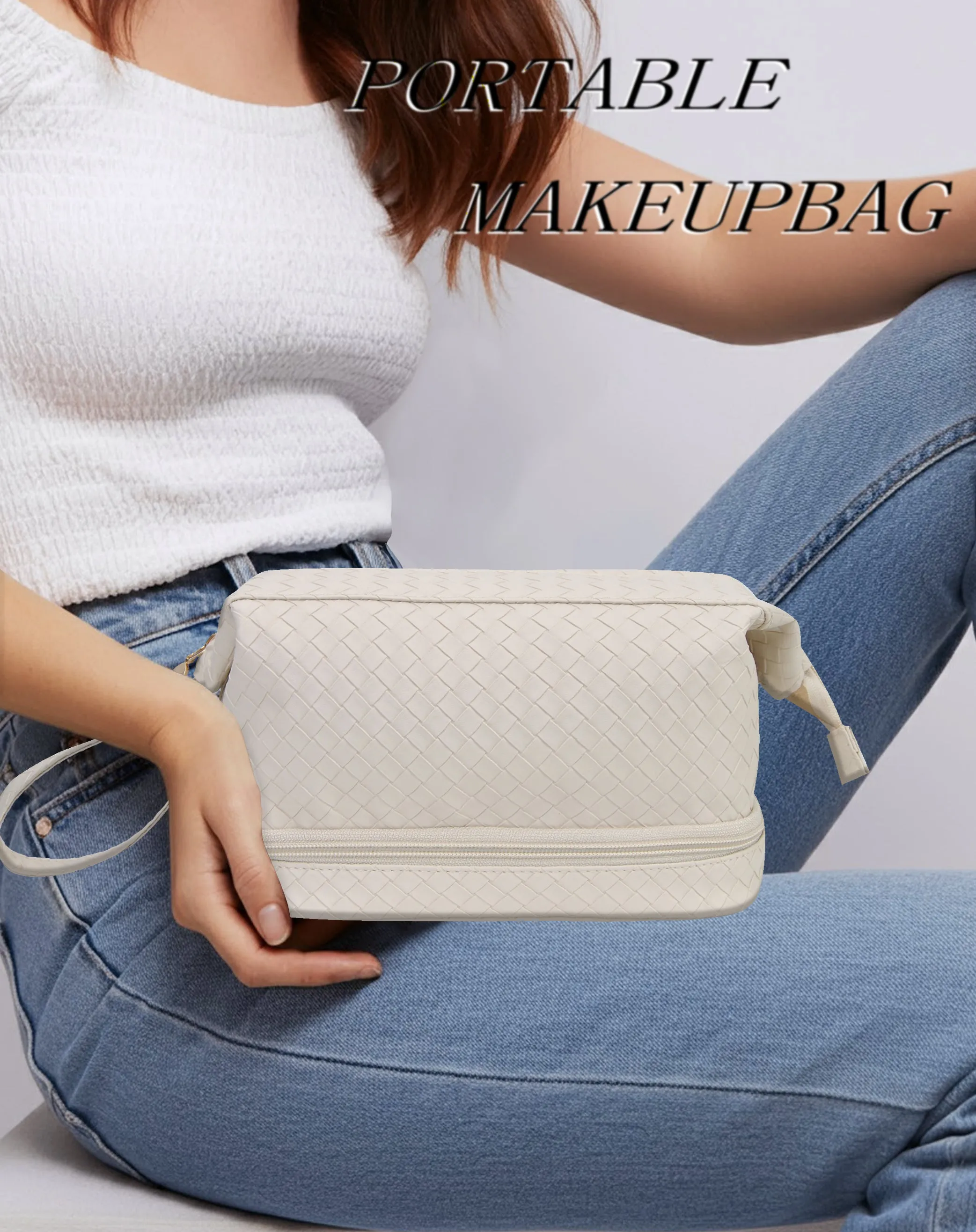 Cream Woven NGIL Faux Leather Cosmetic Bag
