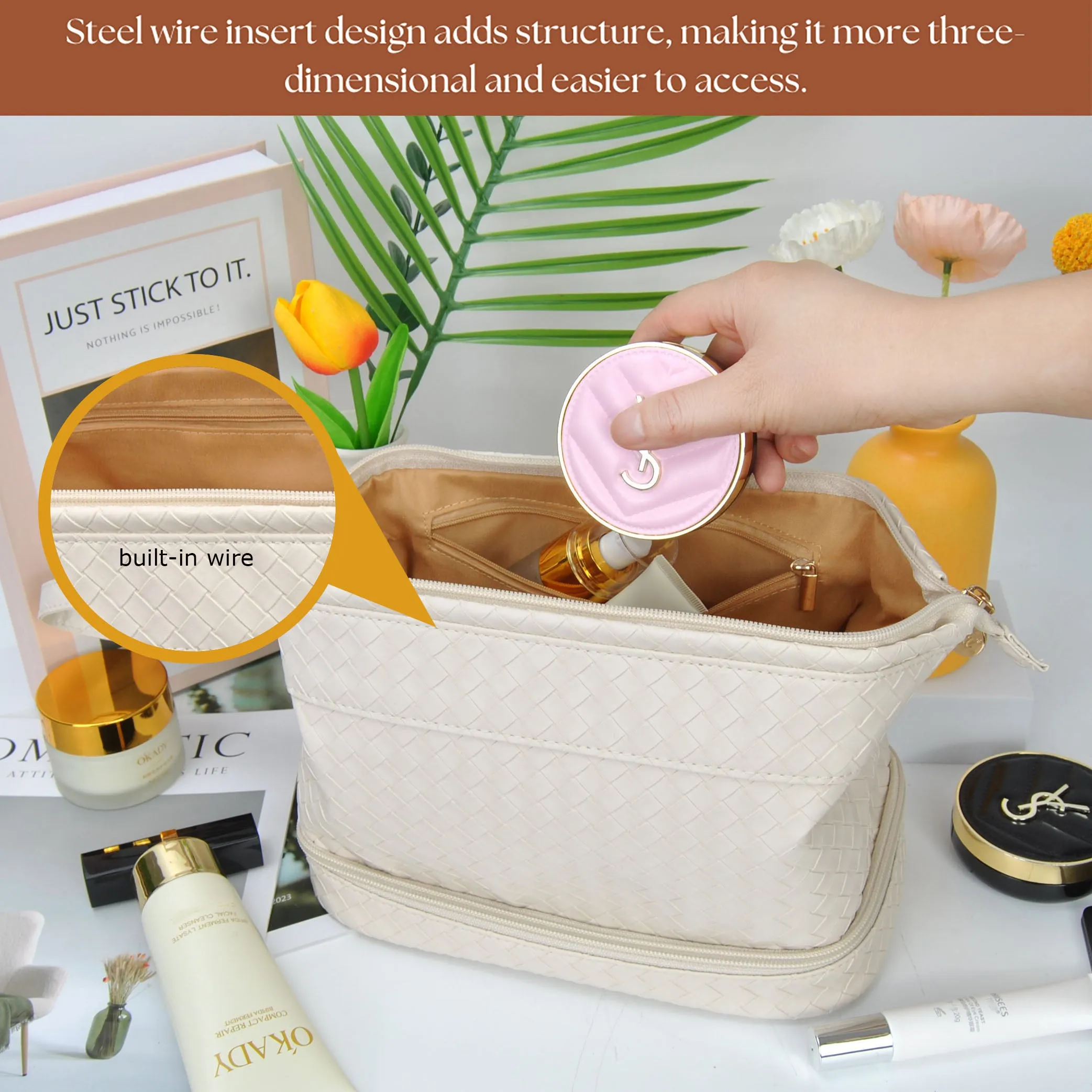 Cream Woven NGIL Faux Leather Cosmetic Bag