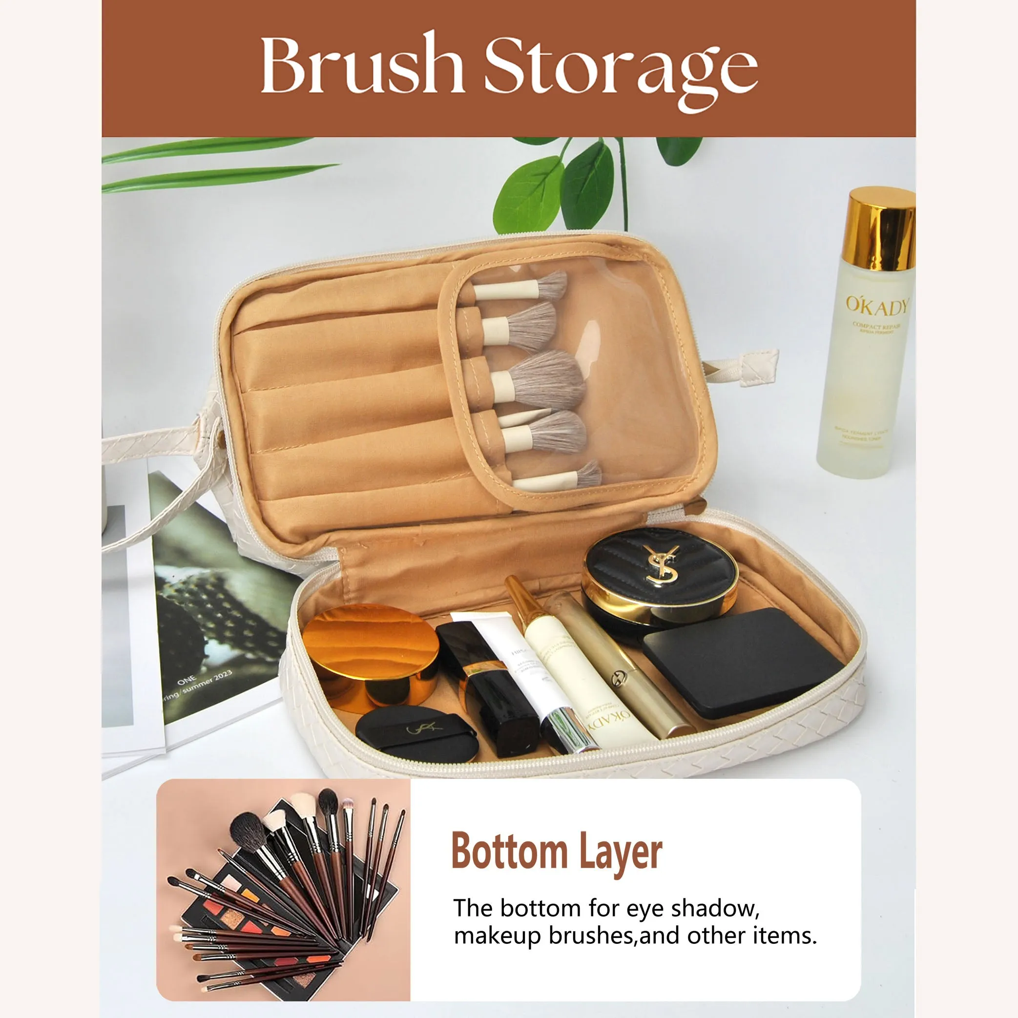 Cream Woven NGIL Faux Leather Cosmetic Bag