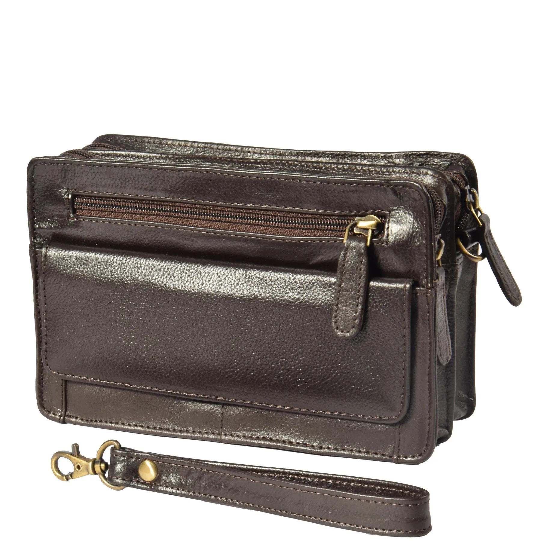 DR318 Real Leather Wrist Bag Clutch Travel Brown
