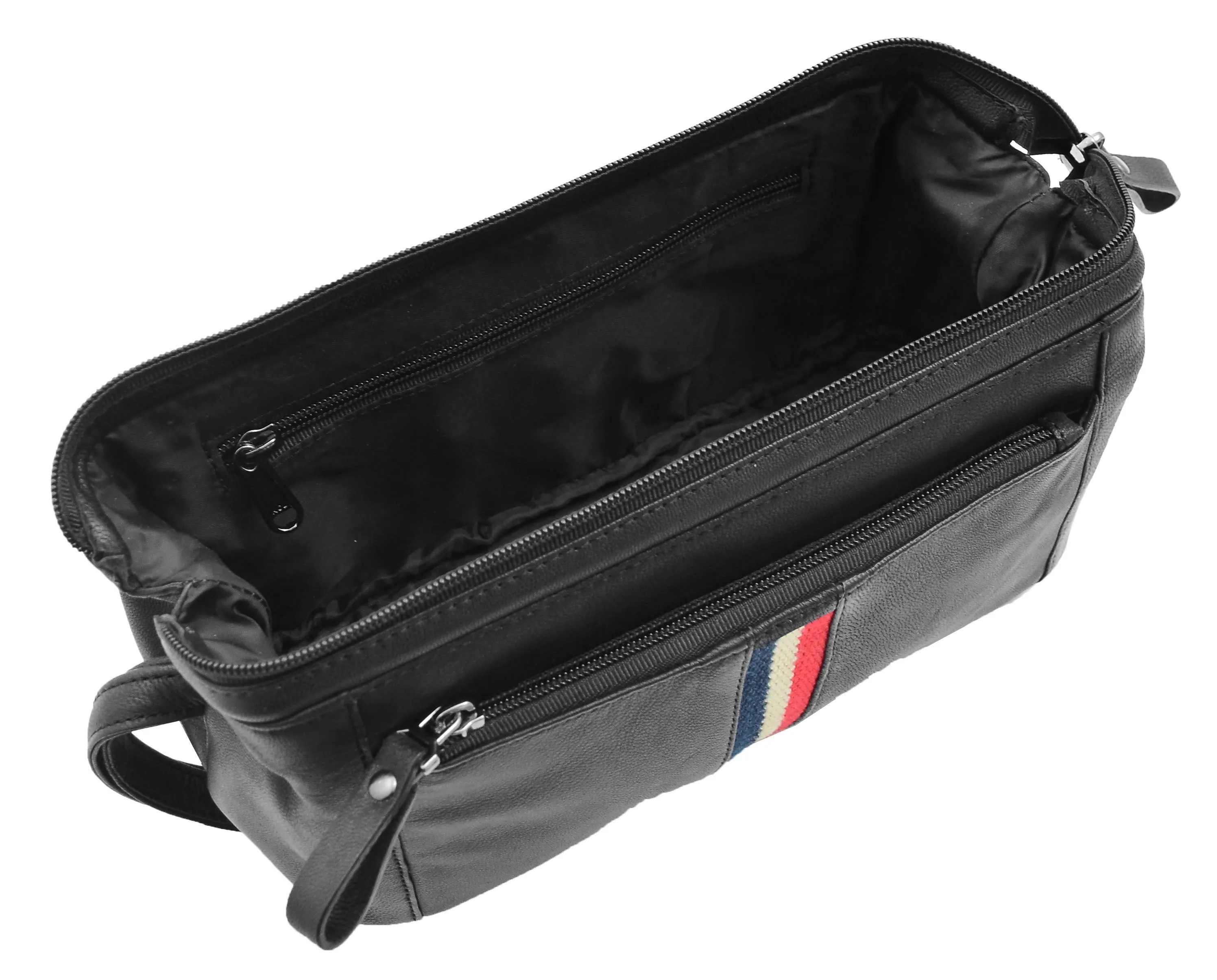 DR341 Real Leather Toiletry Wash Bag Wrist Pouch Black