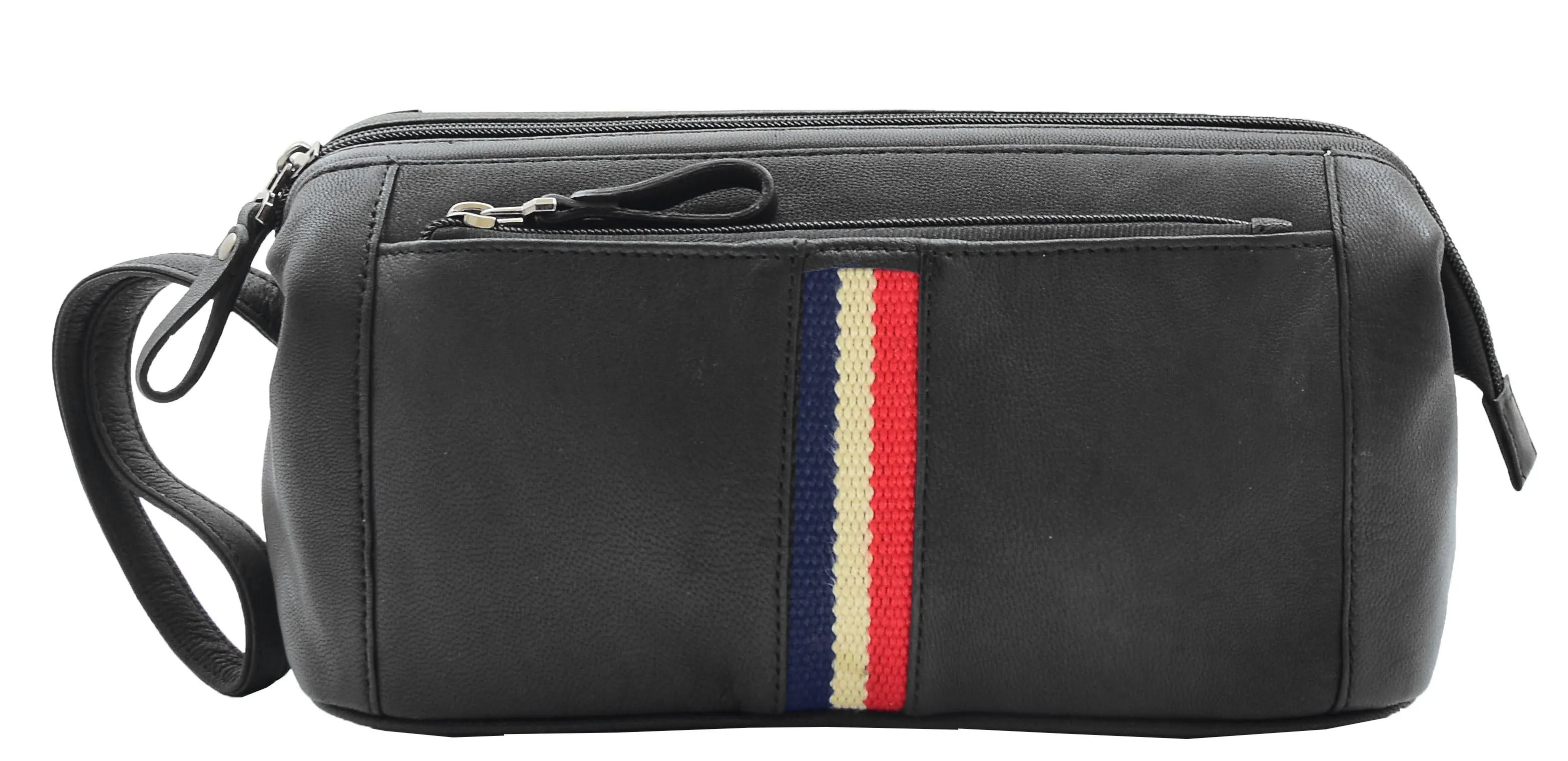 DR341 Real Leather Toiletry Wash Bag Wrist Pouch Black
