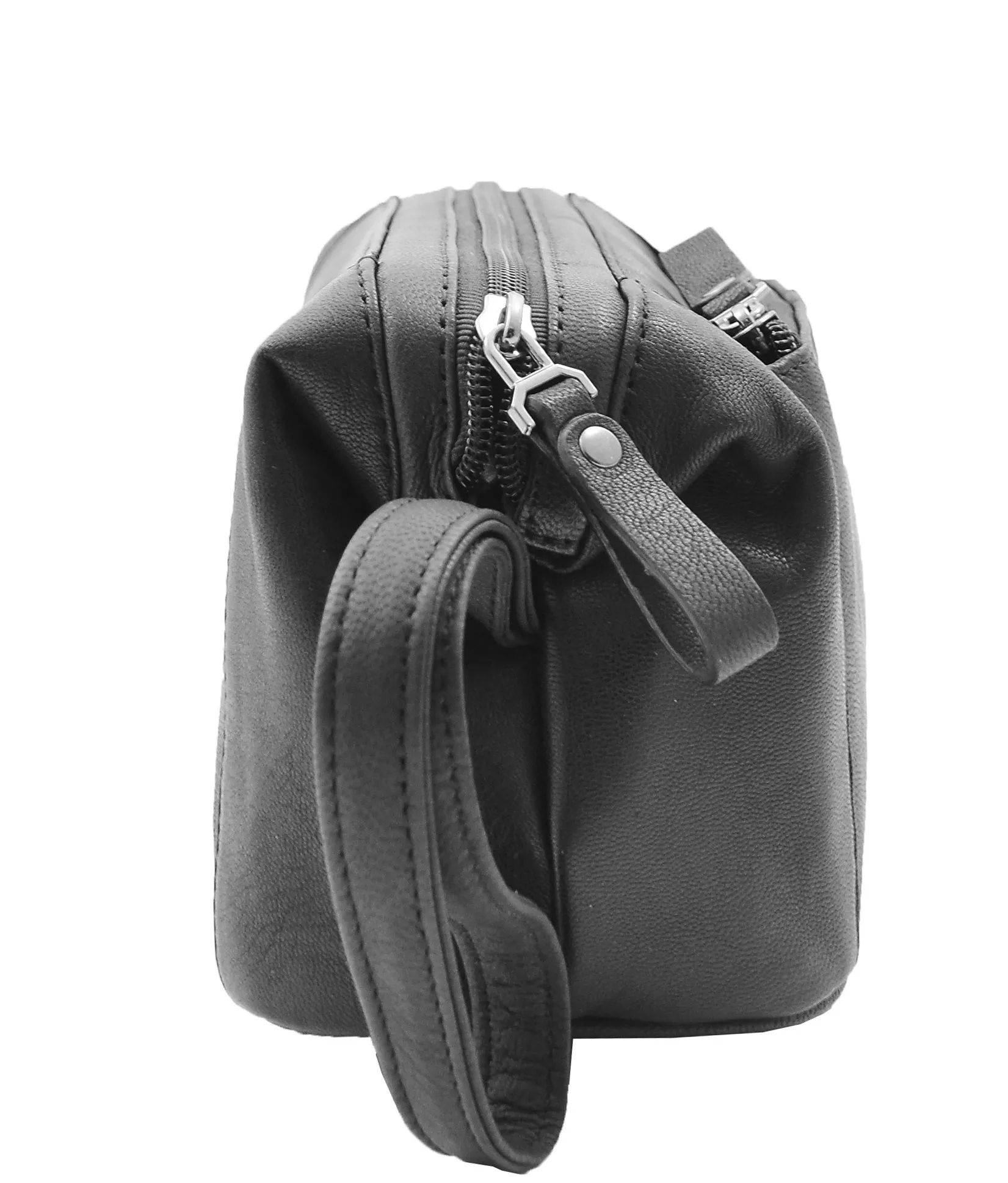DR341 Real Leather Toiletry Wash Bag Wrist Pouch Black
