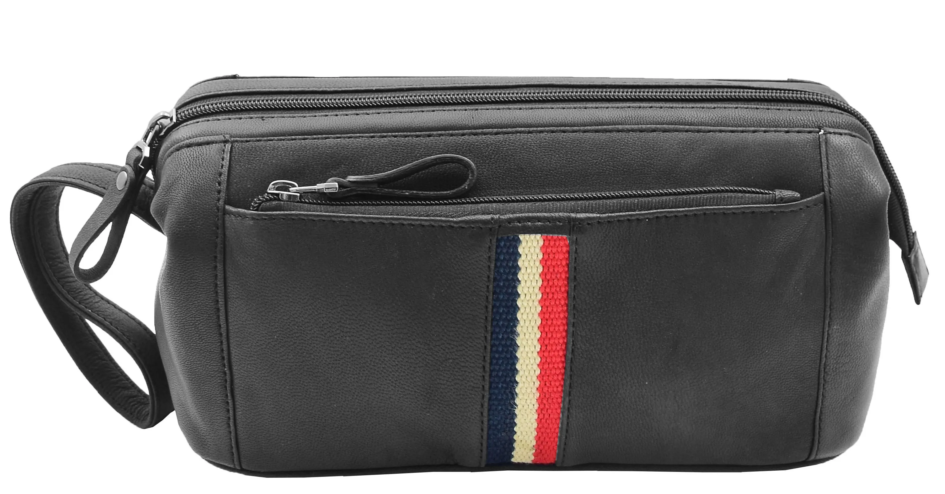 DR341 Real Leather Toiletry Wash Bag Wrist Pouch Black