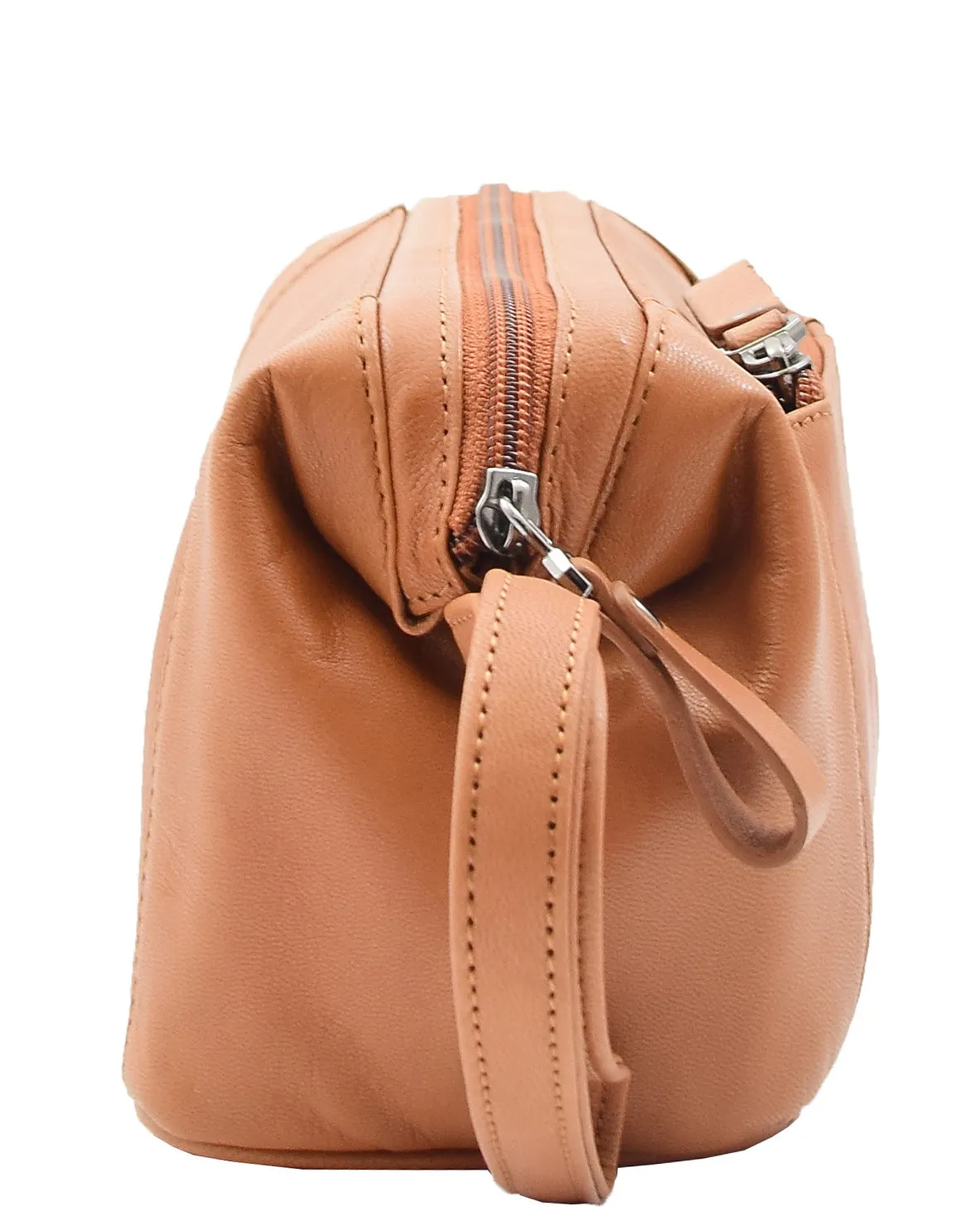 DR341 Real Leather Toiletry Wash Bag Wrist Pouch Cognac