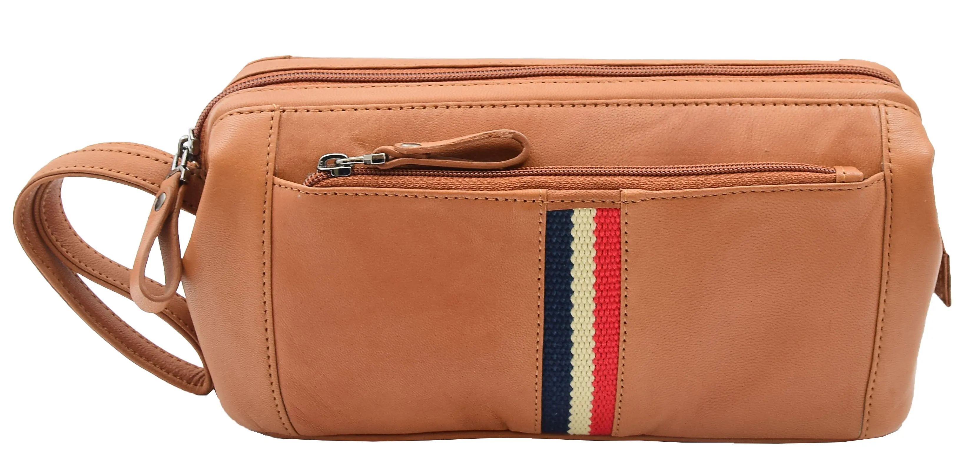 DR341 Real Leather Toiletry Wash Bag Wrist Pouch Cognac