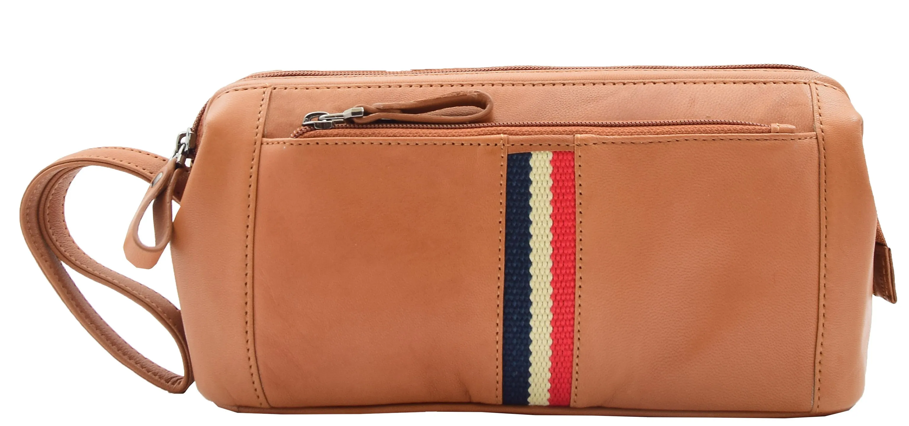 DR341 Real Leather Toiletry Wash Bag Wrist Pouch Cognac