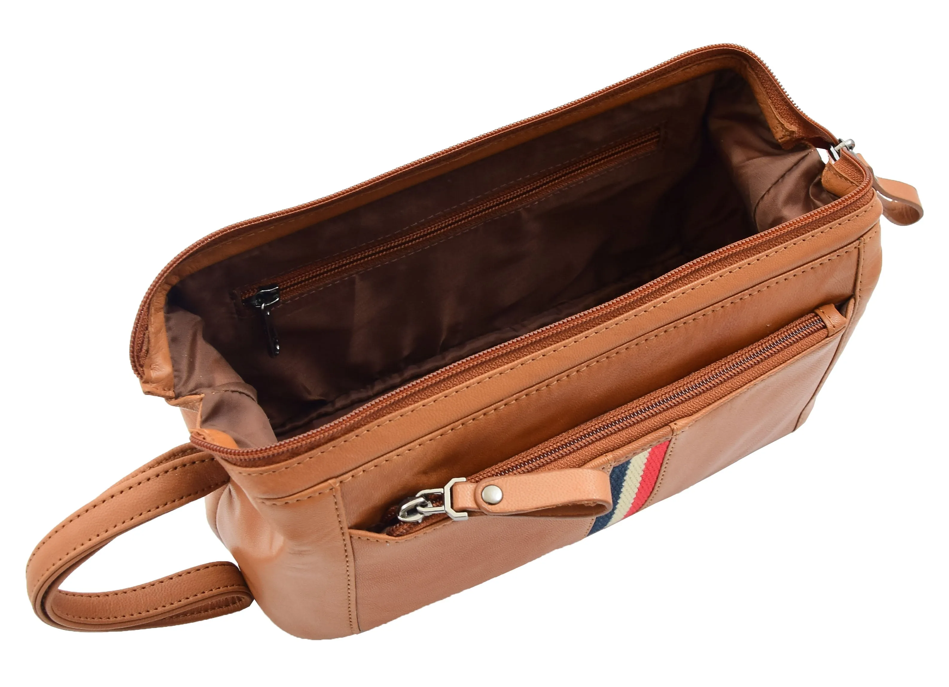 DR341 Real Leather Toiletry Wash Bag Wrist Pouch Cognac