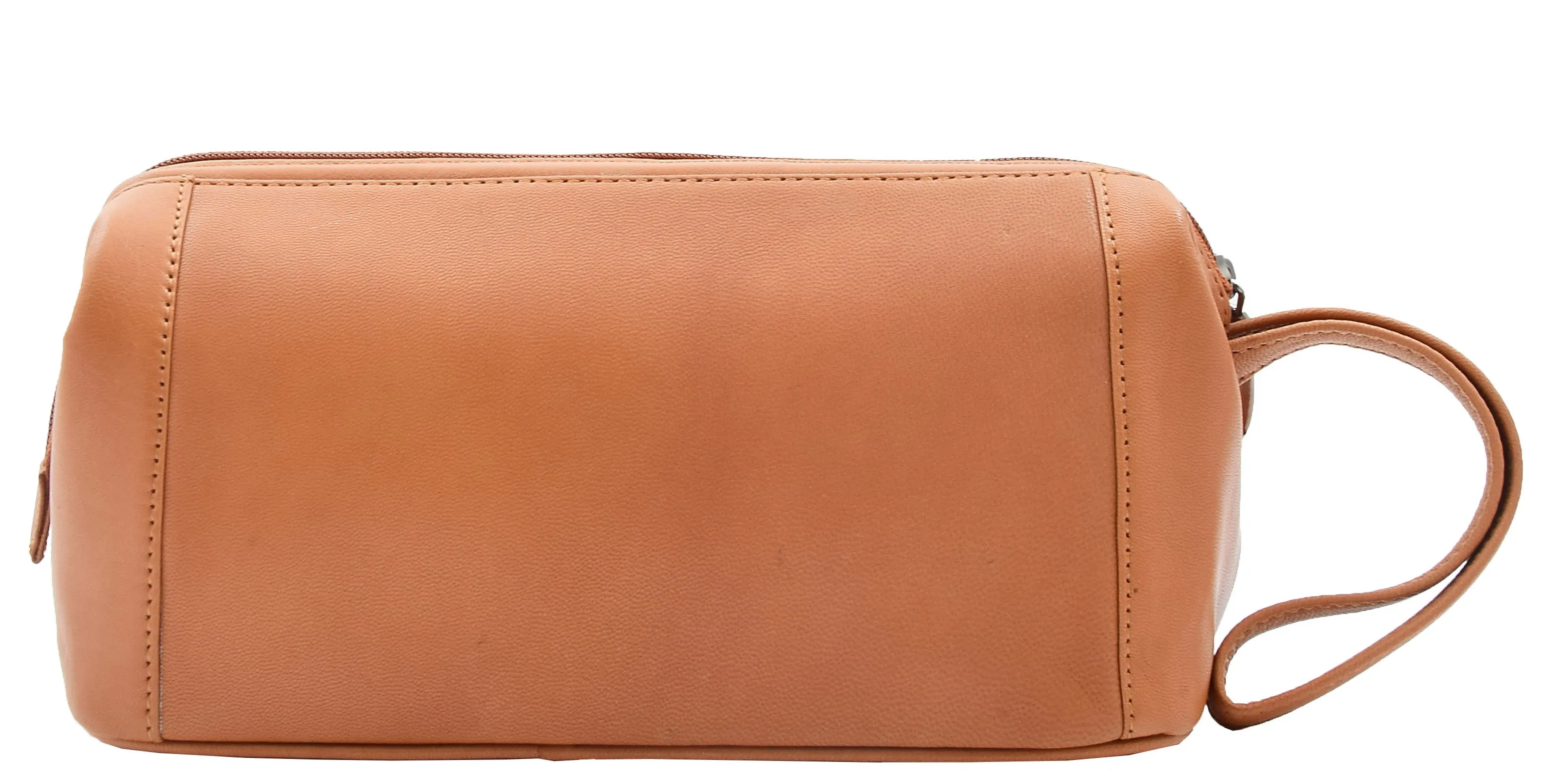 DR341 Real Leather Toiletry Wash Bag Wrist Pouch Cognac