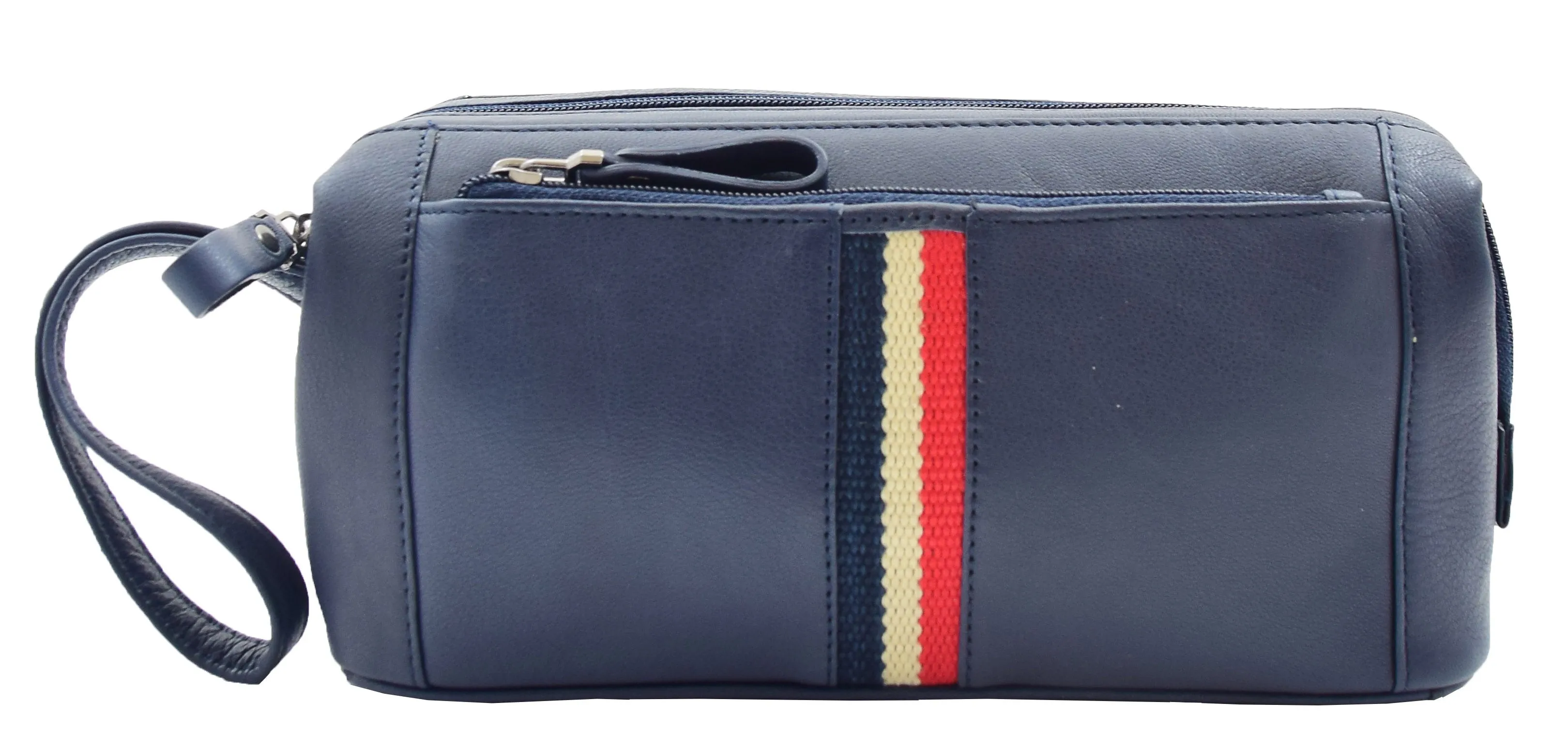DR341 Real Leather Toiletry Wash Bag Wrist Pouch Navy