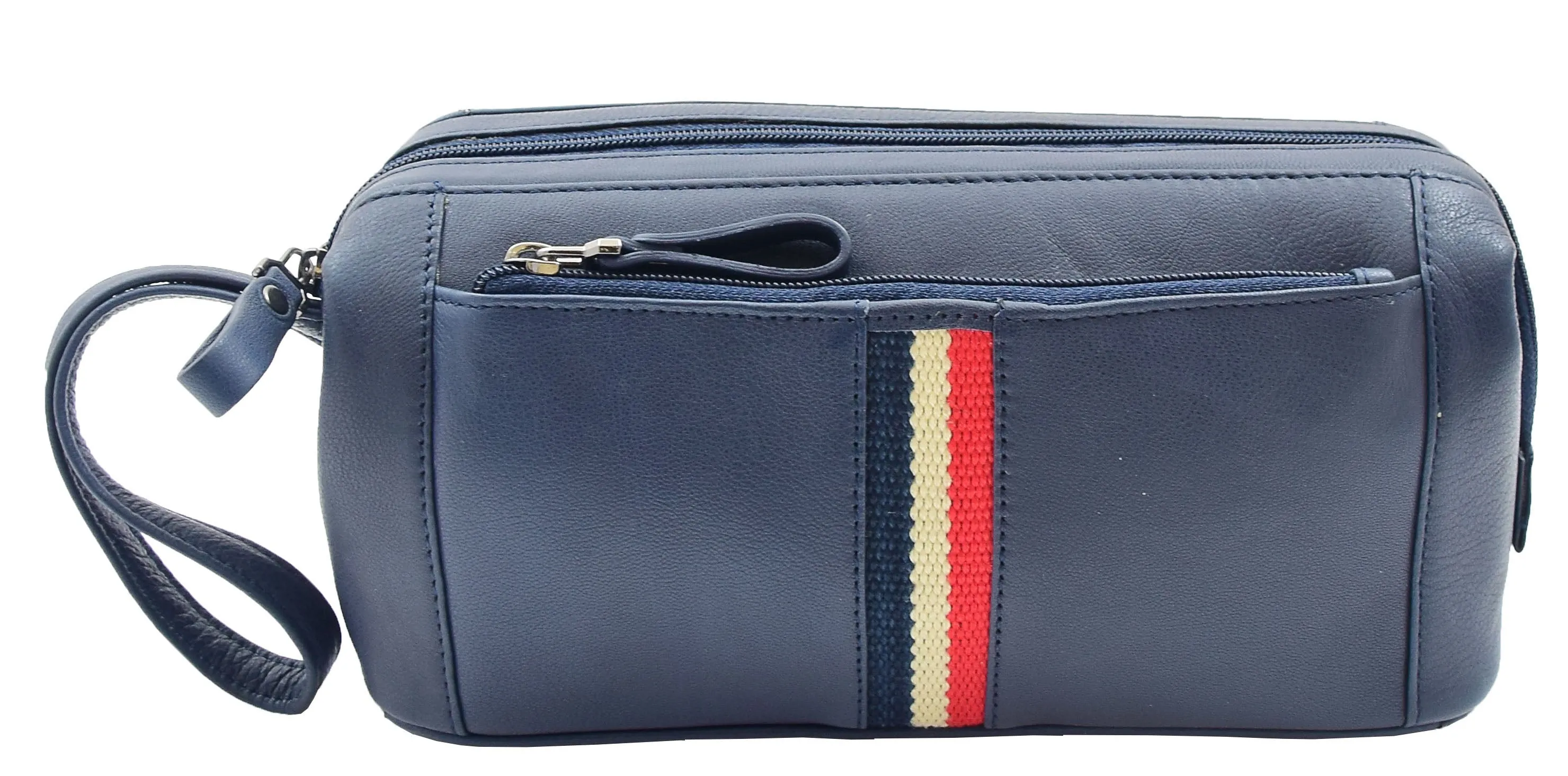 DR341 Real Leather Toiletry Wash Bag Wrist Pouch Navy